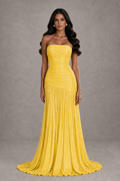 BOLODOO Gold Metallic Ruched Strapless Pleated A-Line Backless Maxi Dress with Train - Gold - Gold_1