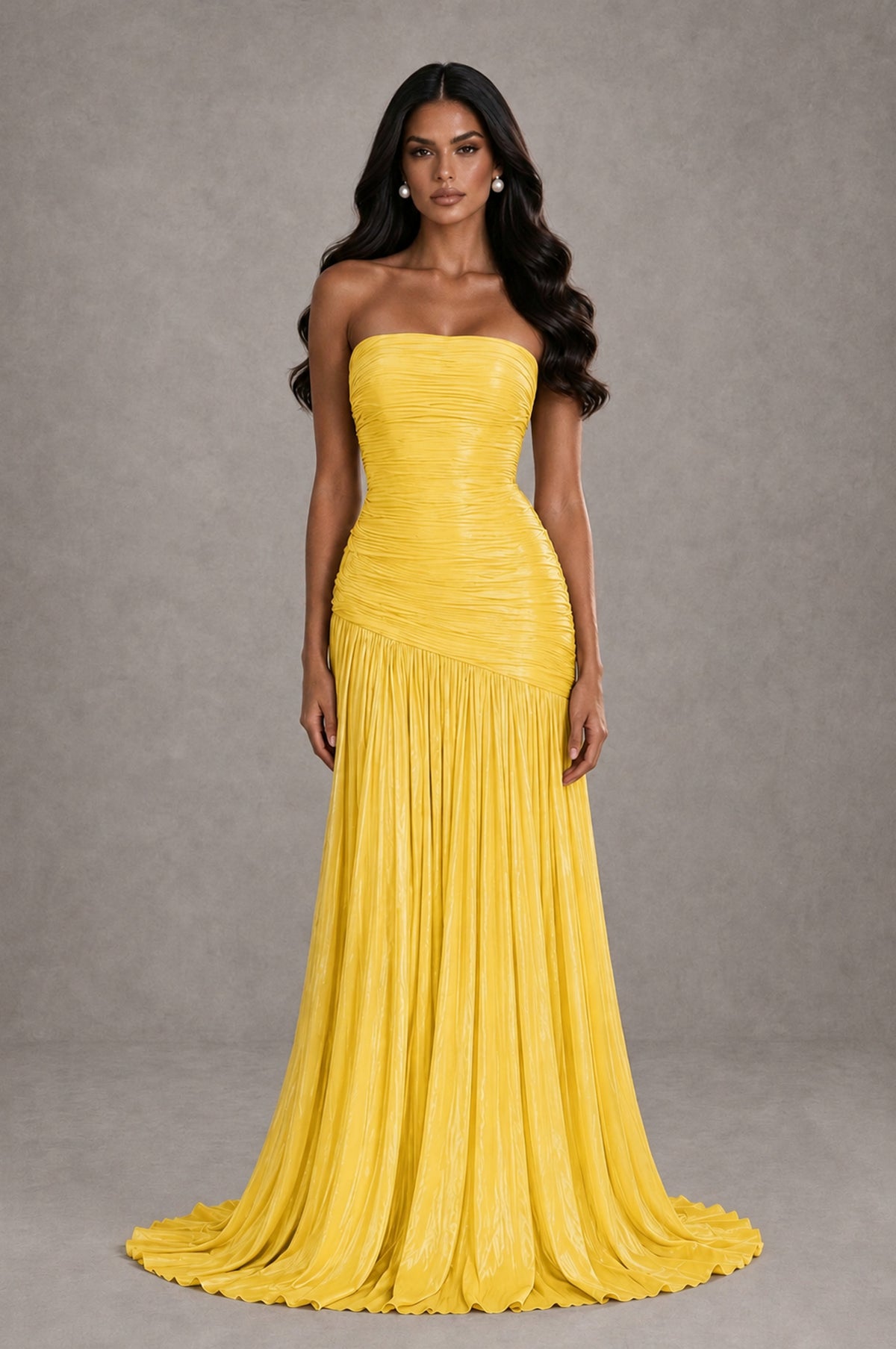 BOLODOO Gold Metallic Ruched Strapless Pleated A-Line Backless Maxi Dress with Train - Gold - Gold_1