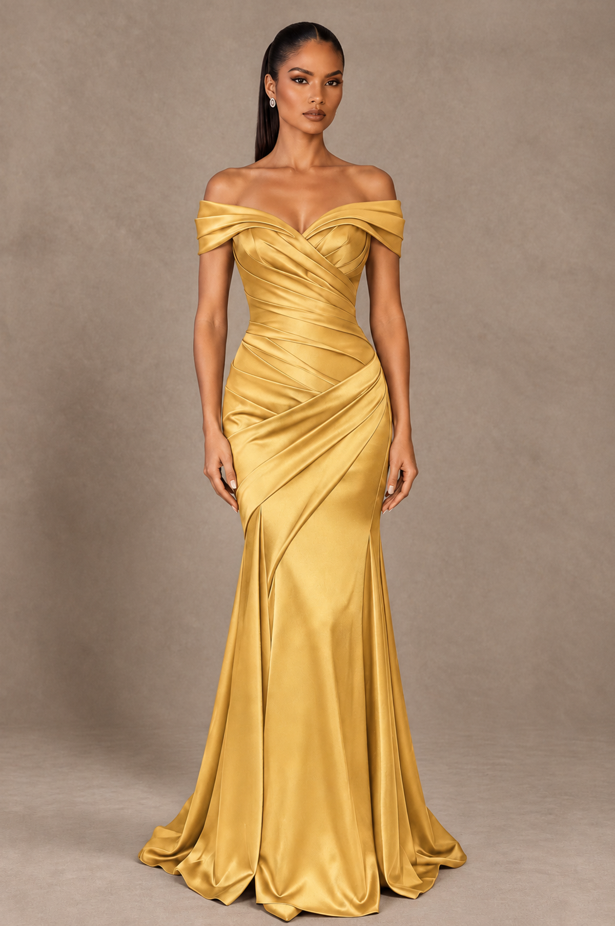 BOLODOO Gold Off-the-Shoulder Ruched Satin Mermaid Evening Dress - Gold - Gold_1