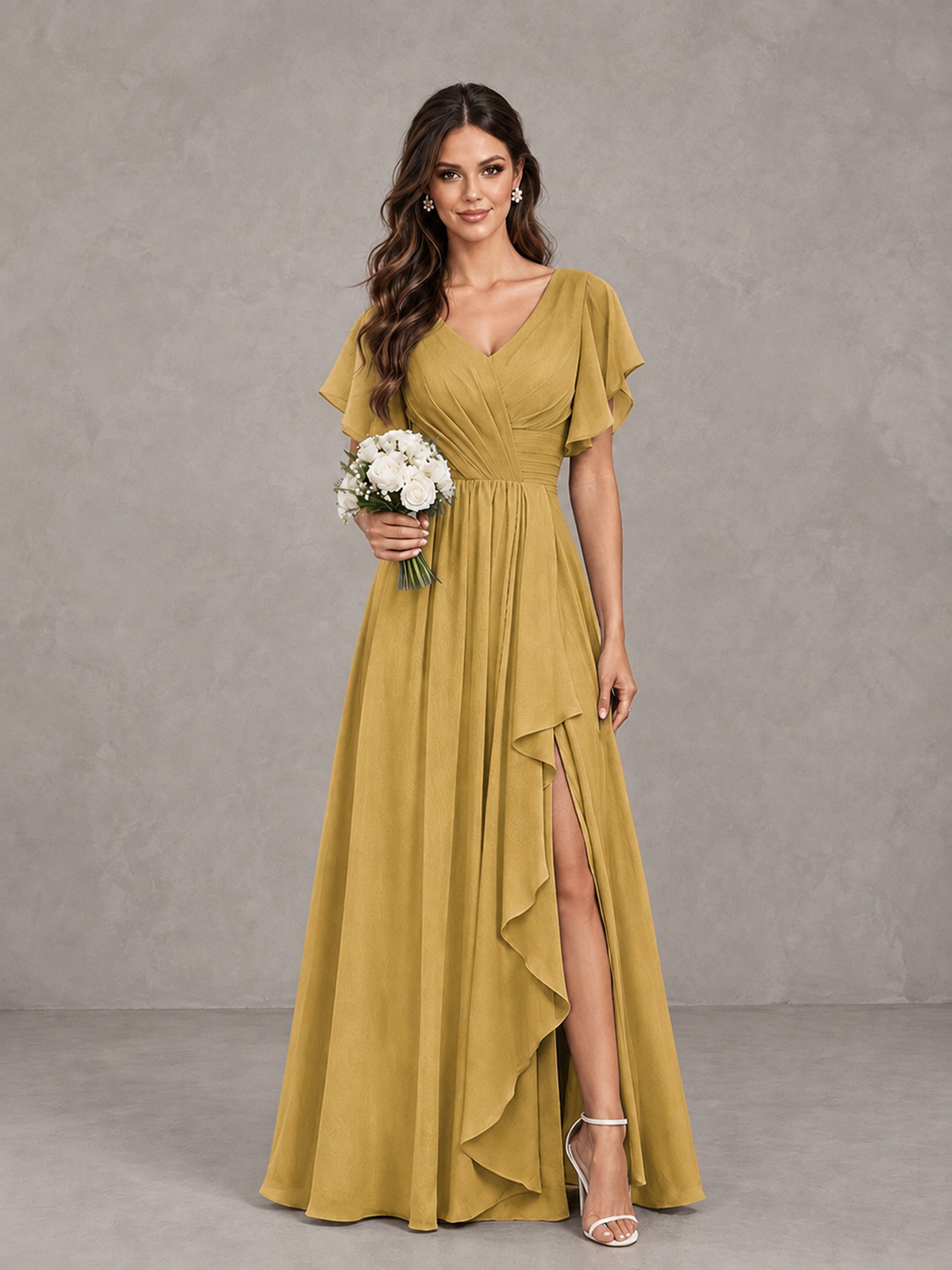 BOLODOO Gold Flutter Sleeve V-Neck Bridesmaid Dress with Ruffle Slit - Gold - Gold_1