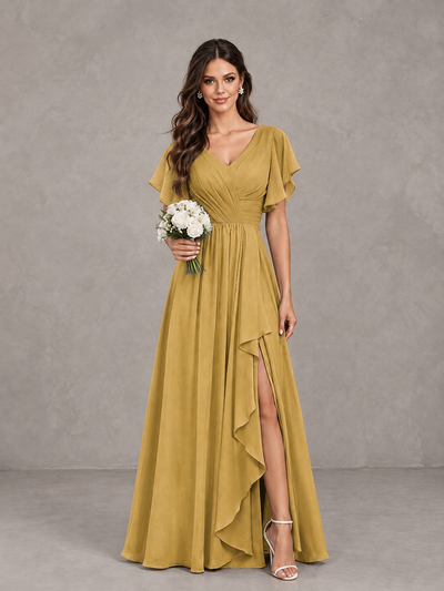 BOLODOO Gold Flutter Sleeve V-Neck Bridesmaid Dress with Ruffle Slit - Gold - Gold_1