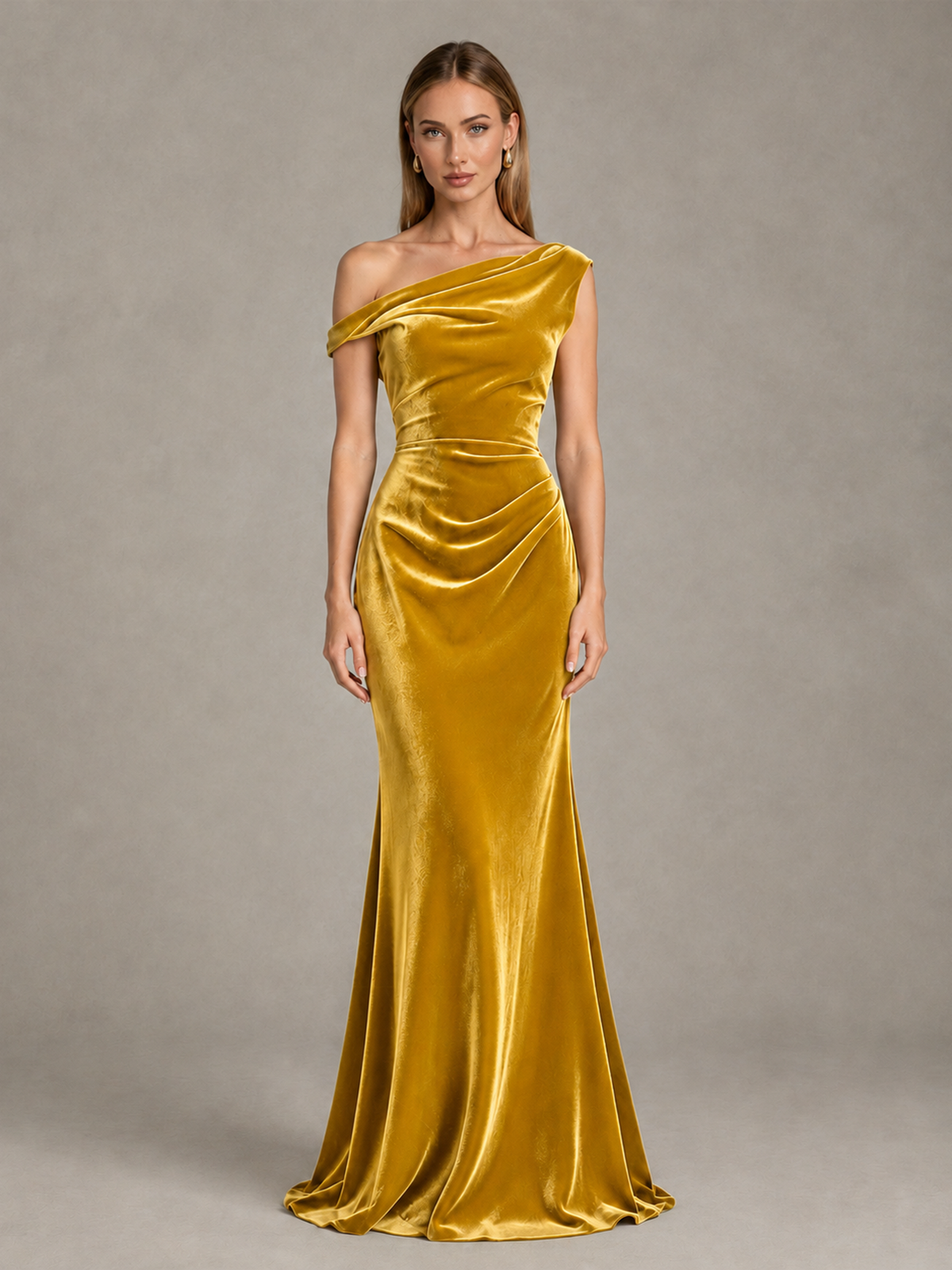 BOLODOO Gold One-Shoulder Velvet Mermaid Evening Gown - Gold - Gold_1
