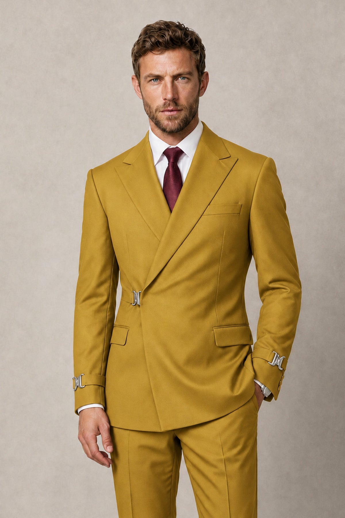 BOLODOO Men's Gold Double-Breasted 2-Piece Suit Set – Blazer & Tailored Trousers - Gold