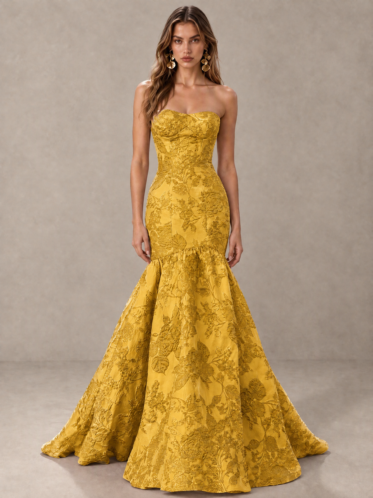 BOLODOO Gold Floral Strapless Mermaid Prom Dress with Train - Gold - Gold_1