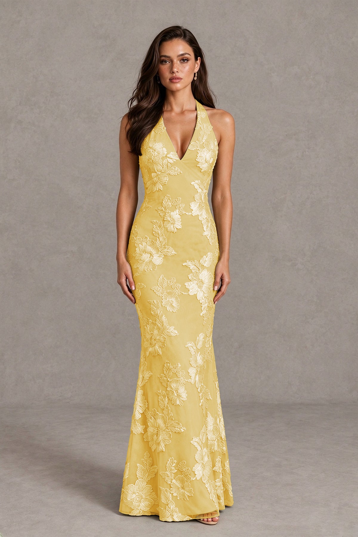 BOLODOO Gold Floral Jacquard Halter Maxi Dress - Gold - Gold(1)