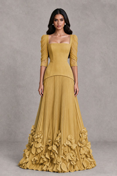 BOLODOO Gold Square Neck Pleated Floral Applique Evening Dress - Gold - Gold_1