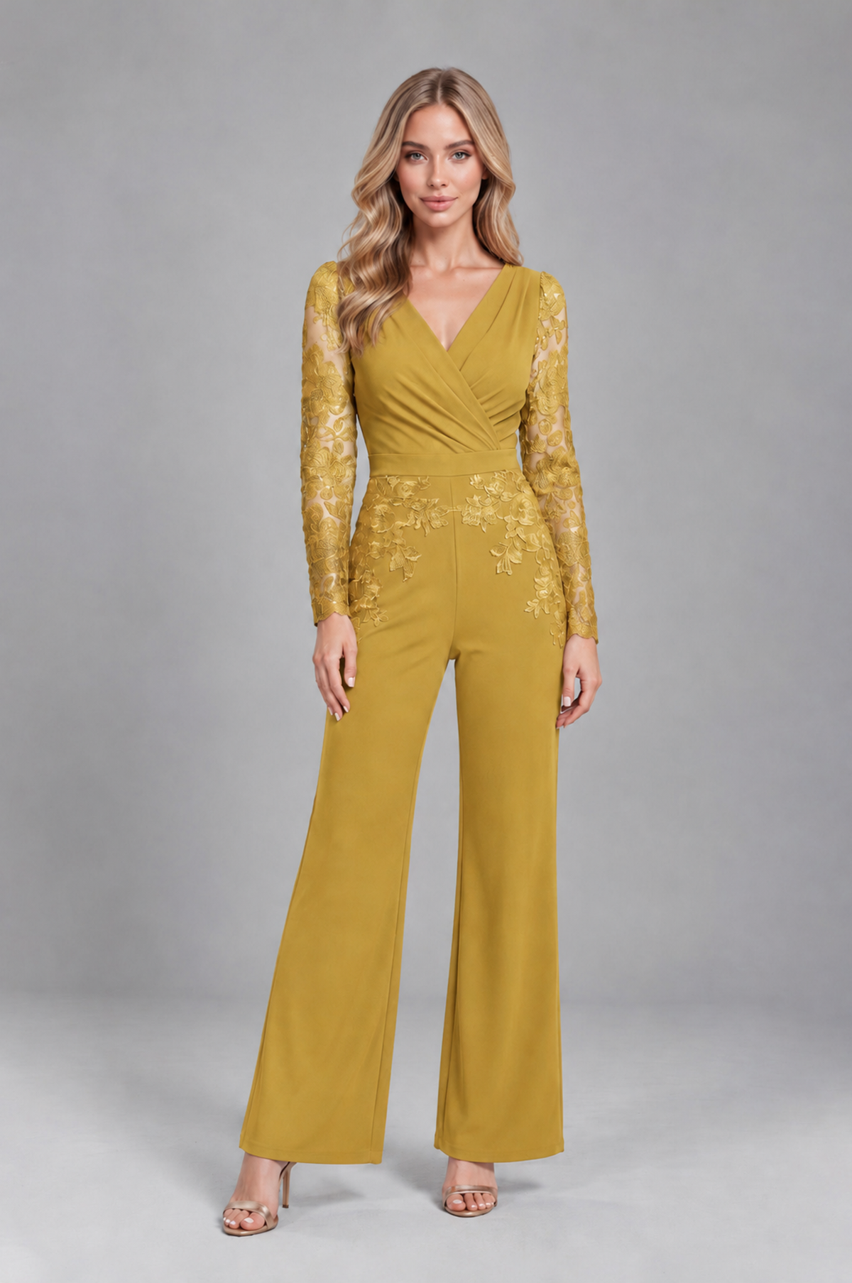 BOLODOO Gold Lace Long-Sleeve V-Neck Mother Pant Suit - Gold - Gold_1
