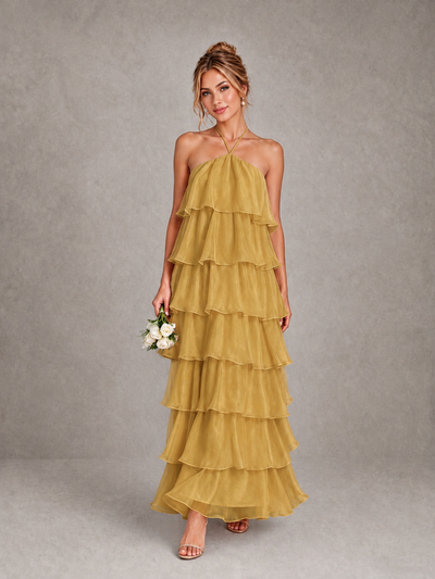 BOLODOO Gold Halter Tiered Ruffle Maxi Bridesmaid Dress - Gold - Gold_1