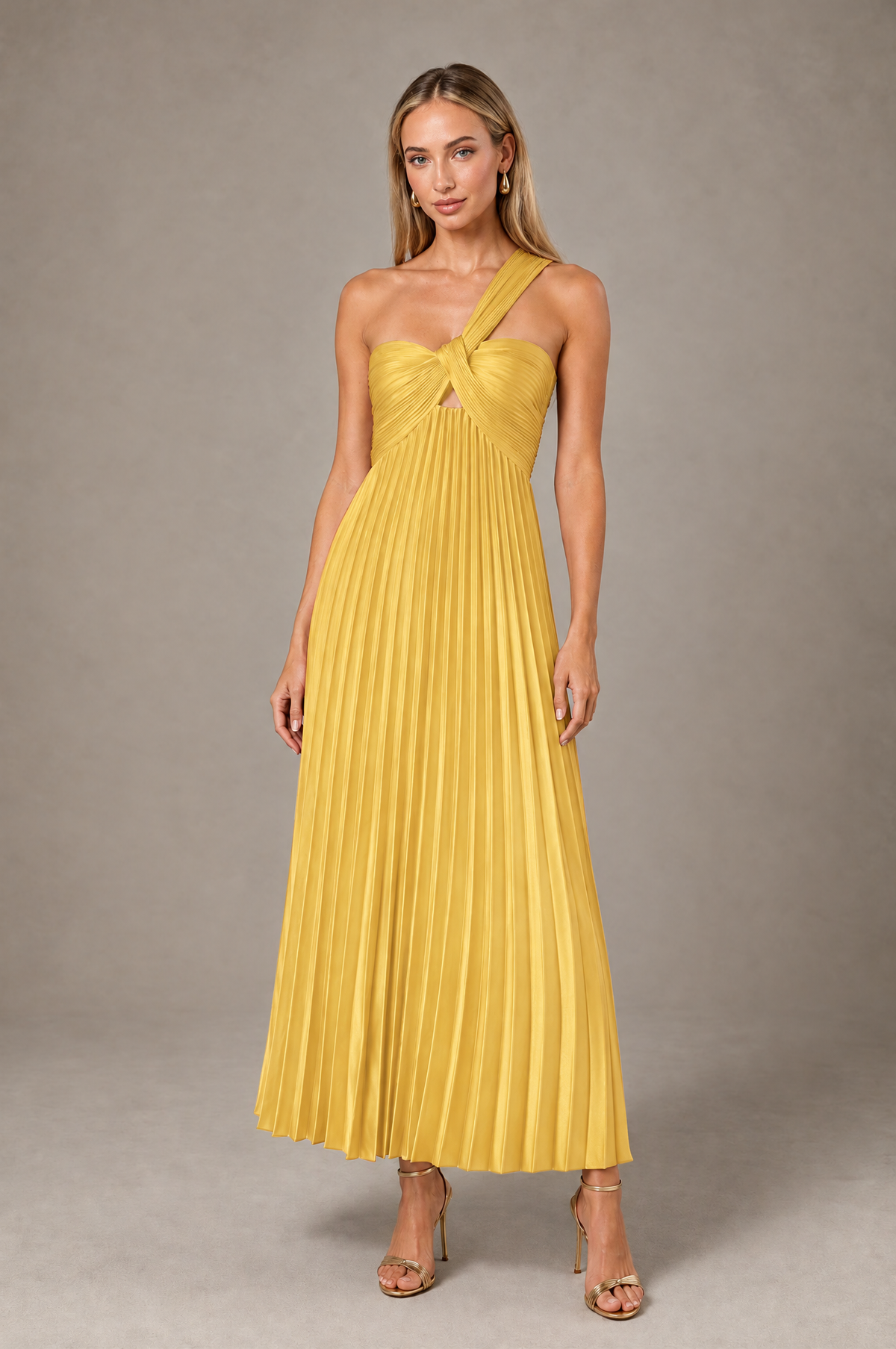 BOLODOO Gold One-Shoulder Twist Knot Pleated Satin Midi Dress with Cutout - Gold - Gold_1