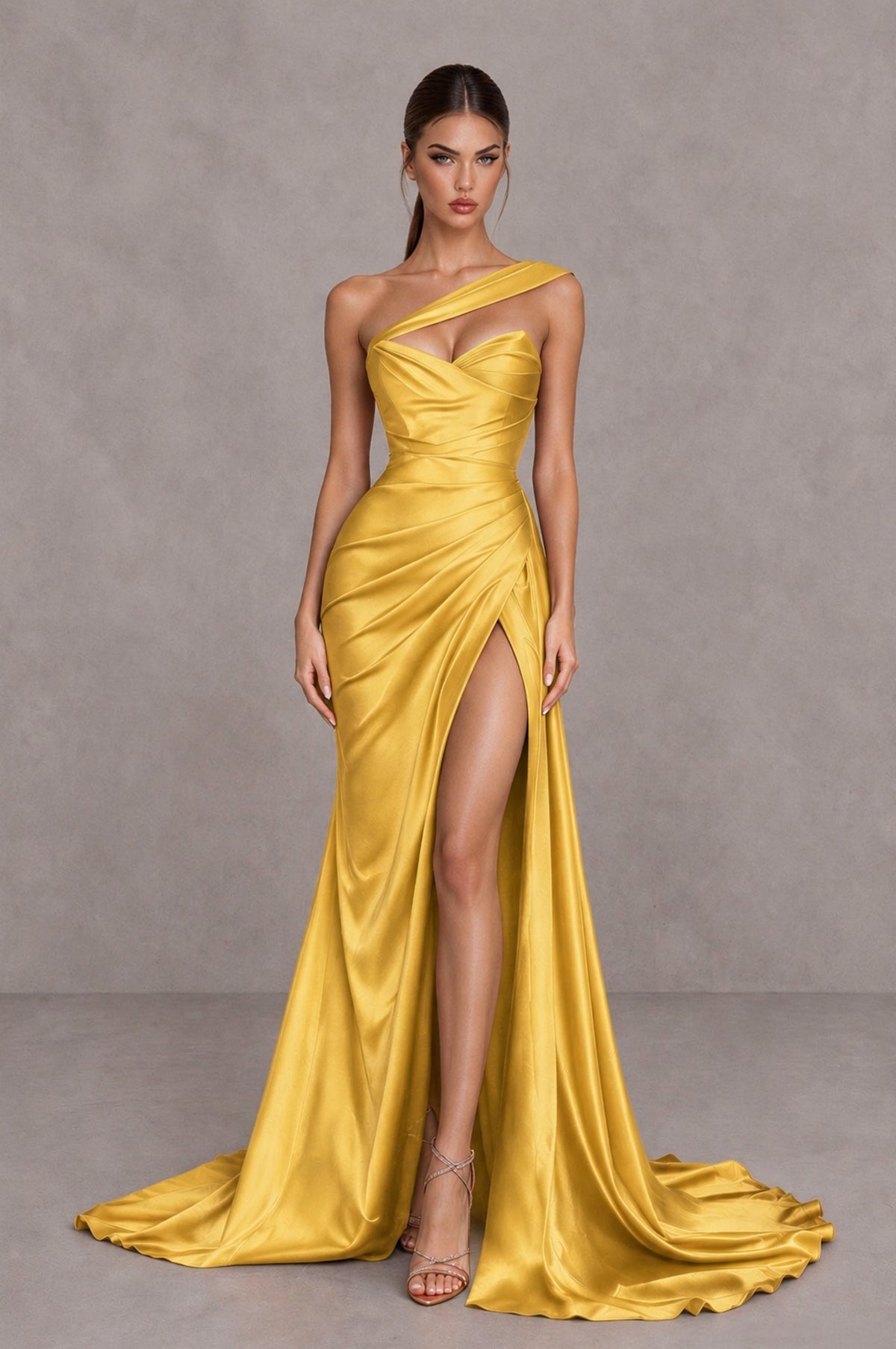 BOLODOO Gold One Shoulder Satin Mermaid Evening Dress with Ruched Slit Skirt - Gold - Gold_1