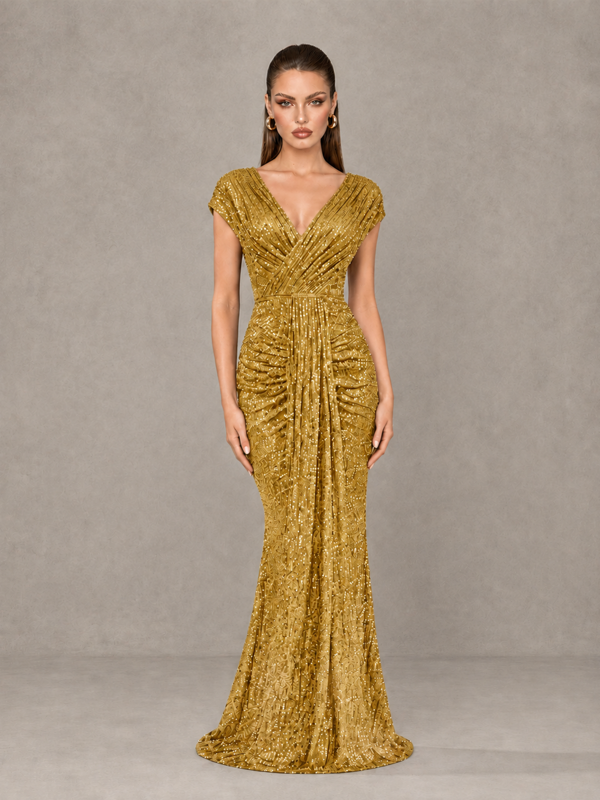 BOLODOO Gold Glitter V-Neck Cap Sleeve Ruched Mermaid Evening Gown - Gold - Gold_1