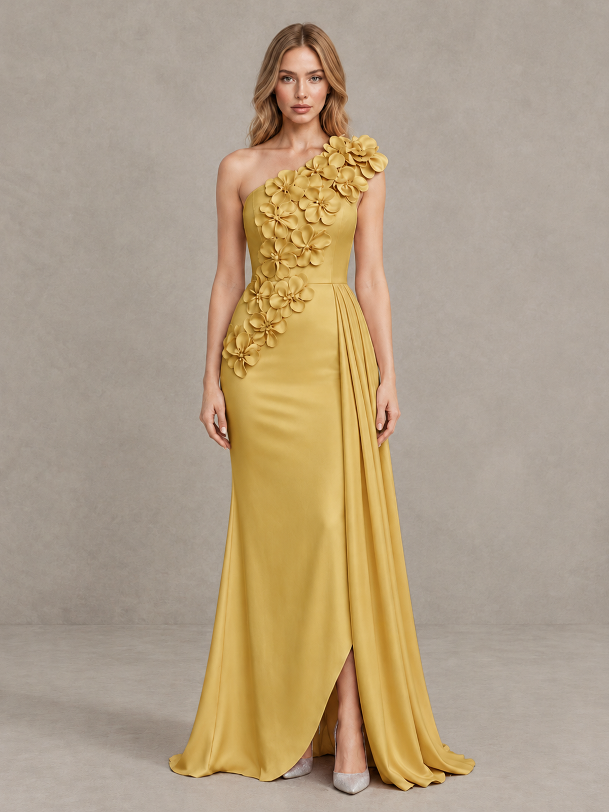 BOLODOO Gold One-Shoulder Satin Mermaid Evening Gown with 3D Floral Appliqué - Gold - Gold_1