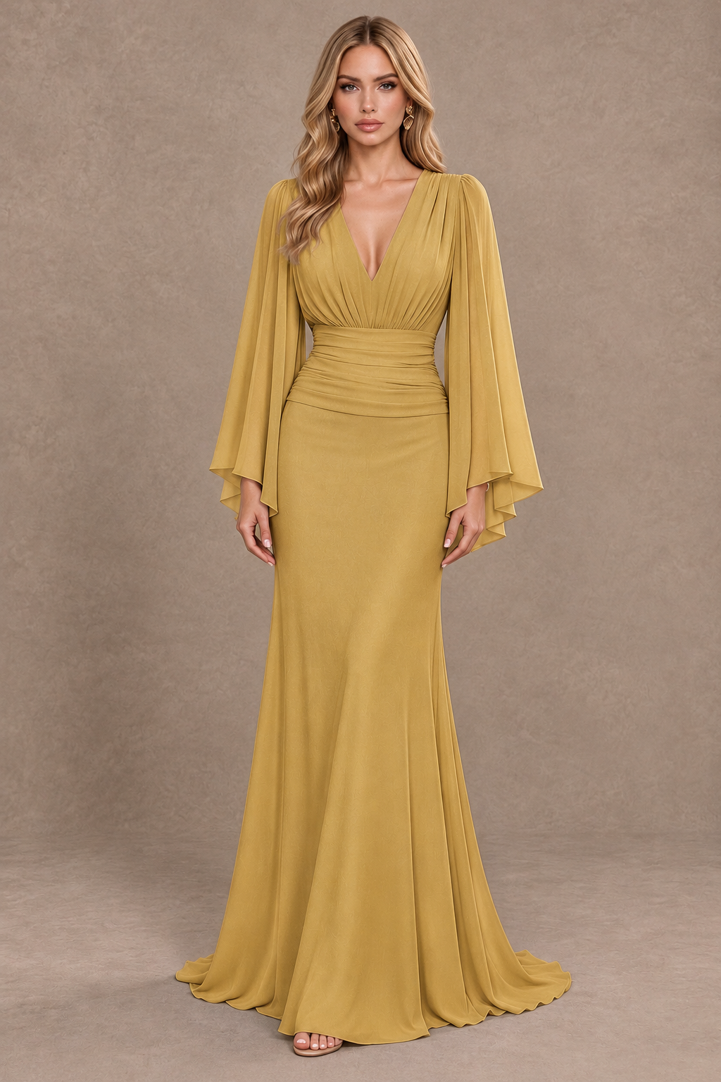 BOLODOO Gold Cape Sleeve V-Neck Ruched Chiffon Evening Dress - Gold - Gold_1