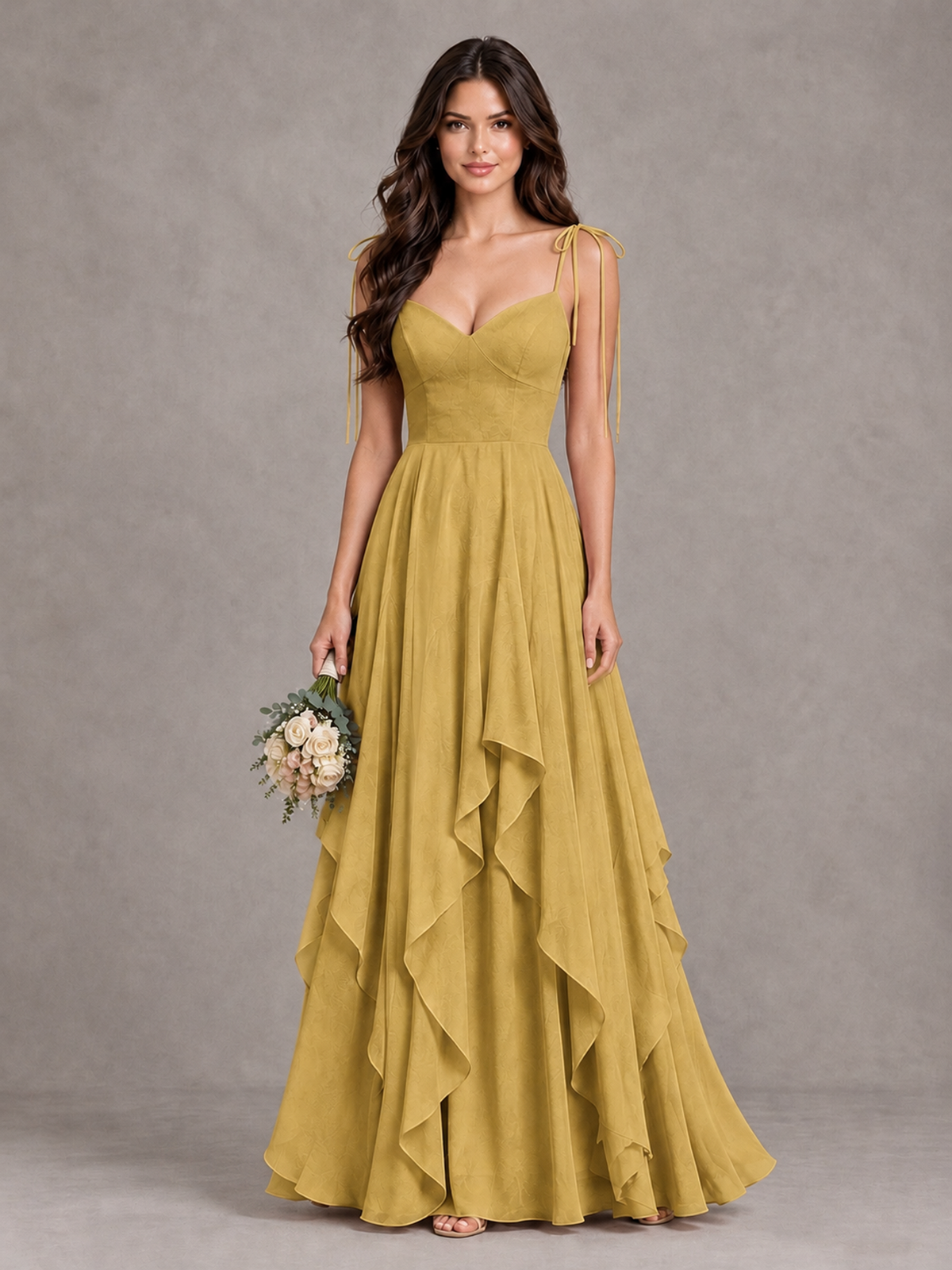 BOLODOO Gold Tie-Strap Ruffle A-Line Bridesmaid Dress - Gold - Gold_1