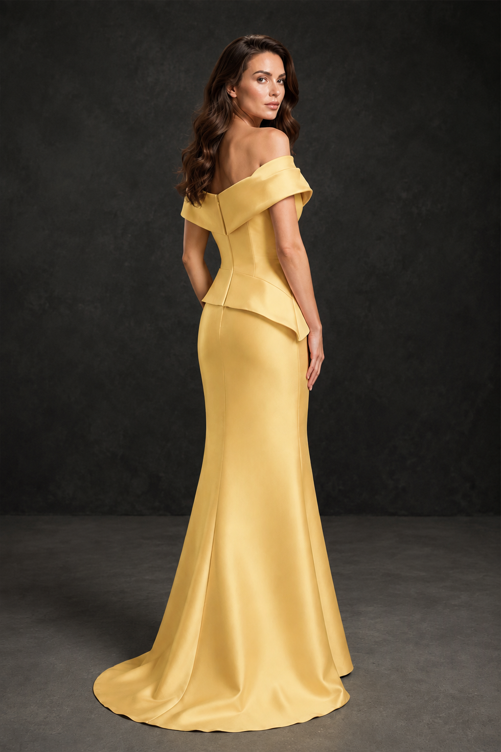 BOLODOO Gold Satin Off-Shoulder Sweetheart Asymmetric Peplum Mermaid Gown with Gold Floral Embroidery | MOB Evening Dress - Gold