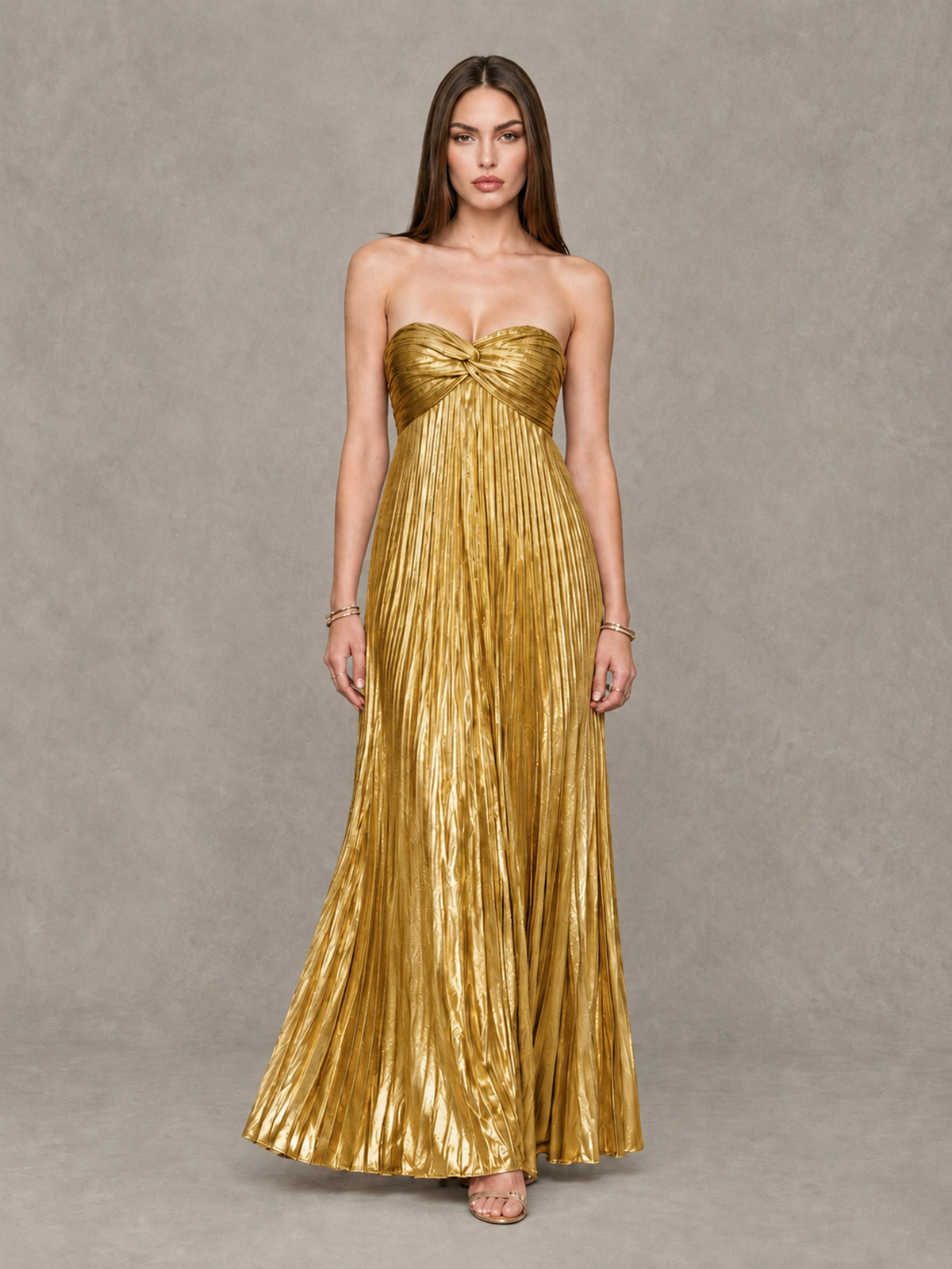 BOLODOO Gold Strapless Sweetheart Metallic Pleated Maxi Dress - Gold - Gold_1