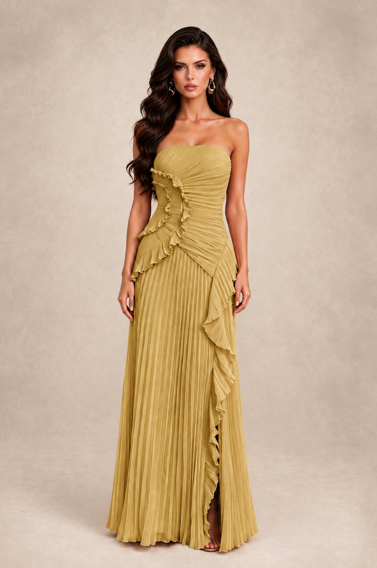 BOLODOO Gold Strapless Ruffle Pleated Slit Evening Gown - Gold - Gold_1
