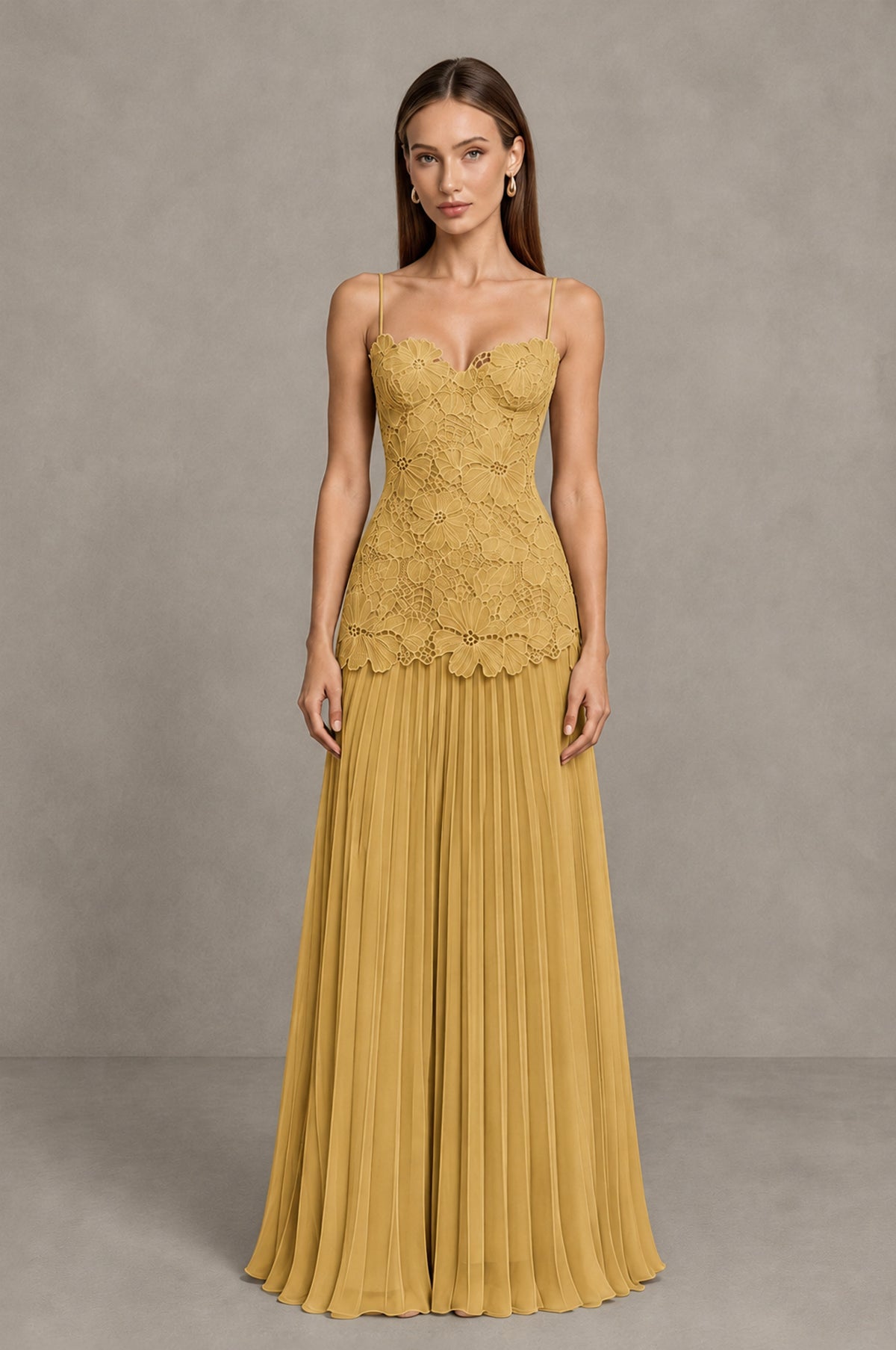 BOLODOO Gold Lace Bodice Pleated Wedding Guest Dress - Gold - Gold_1