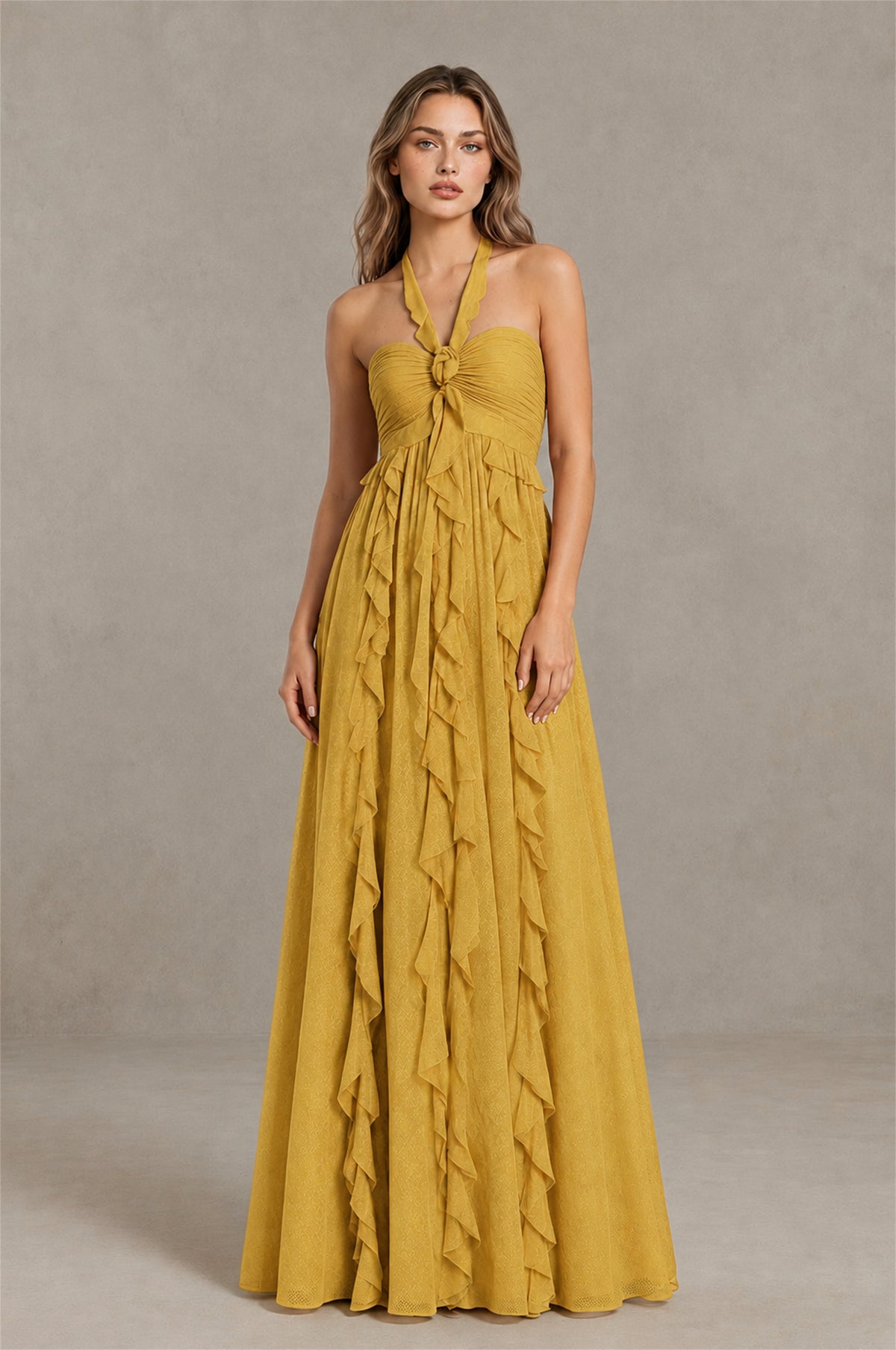 BOLODOO Gold Halter Ruffle A-Line Floor-Length Evening Dress - Gold - Gold_1