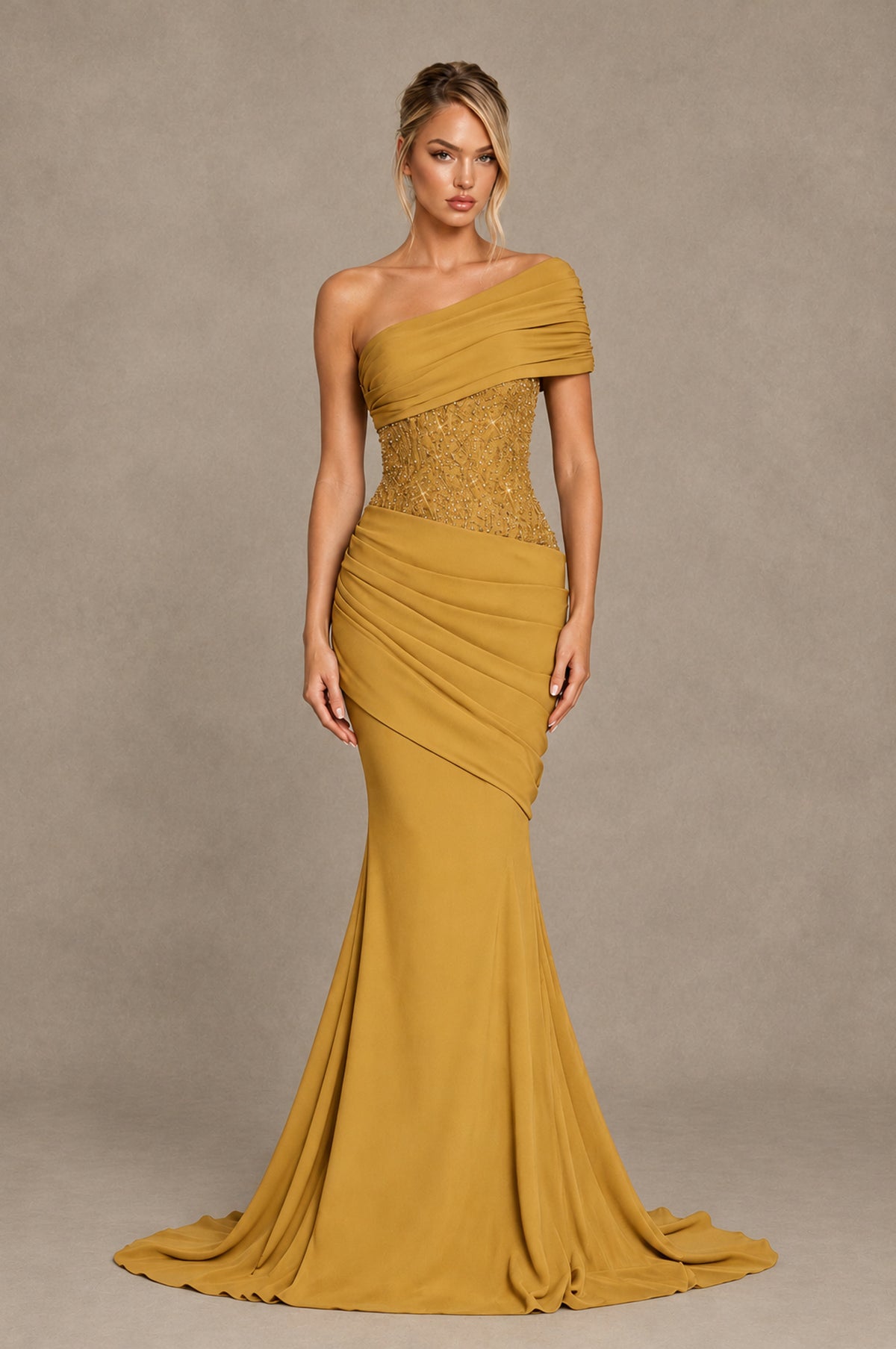 BOLODOO Gold One-Shoulder Sequin Embroidered Ruched Mermaid Gown with Train - Gold - Gold_1