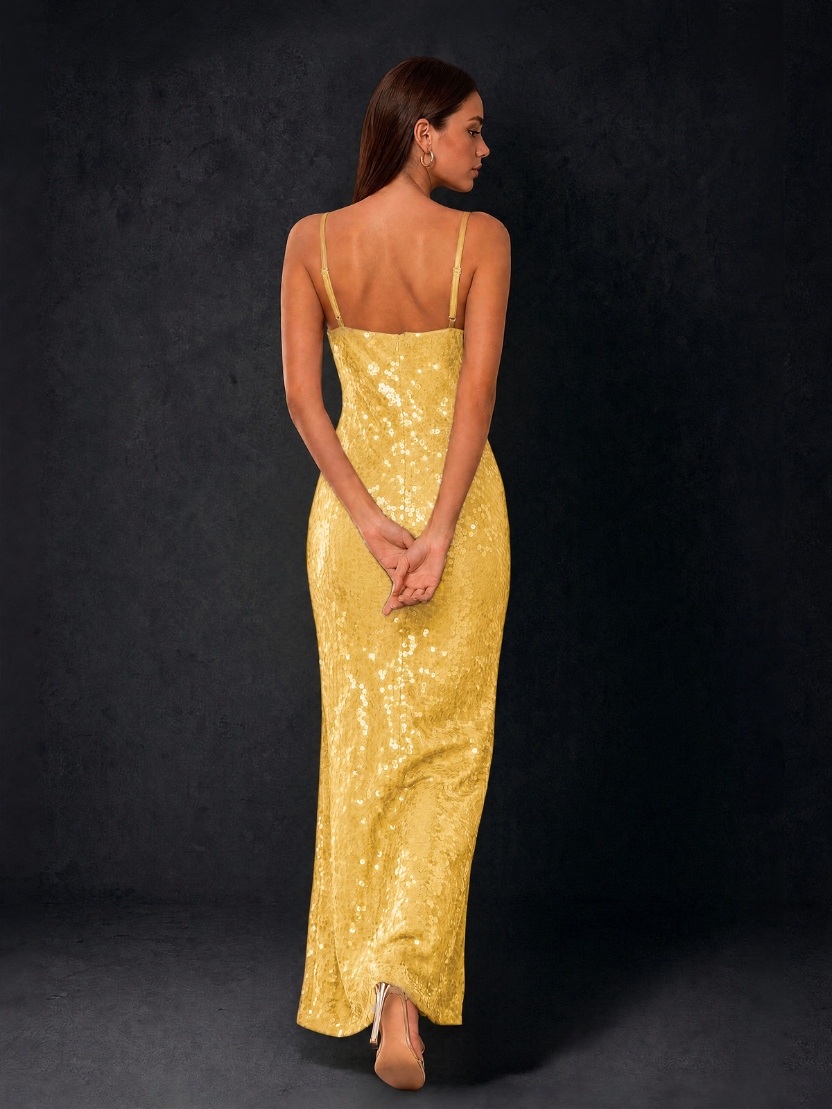 BOLODOO Bronze Sequin Cowl Neck Spaghetti Strap Mermaid Maxi Dress with Open Criss-Cross Back - Gold - Gold
