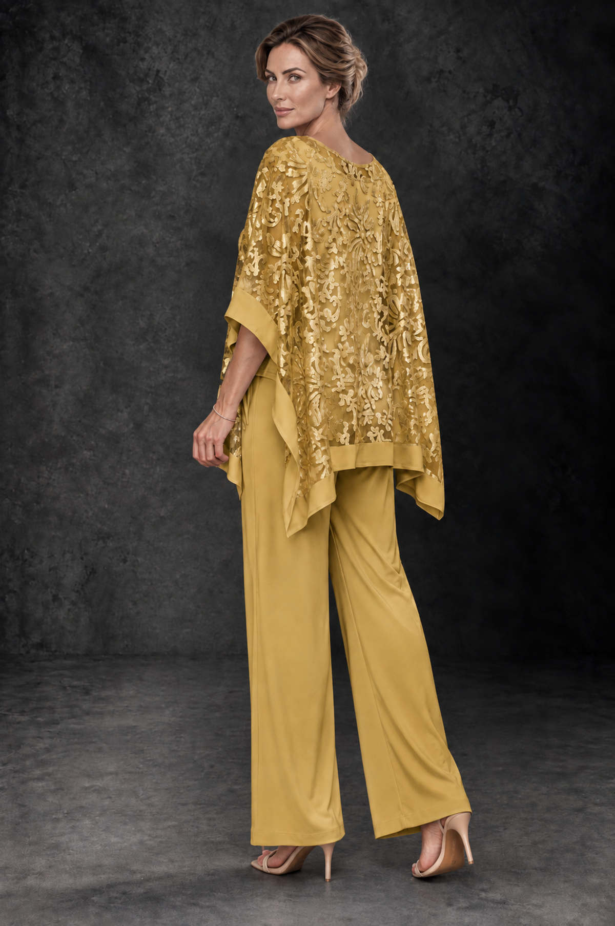 BOLODOO Gold Floral Cape Mother of the Bride Pant Suit - Gold - Gold_2