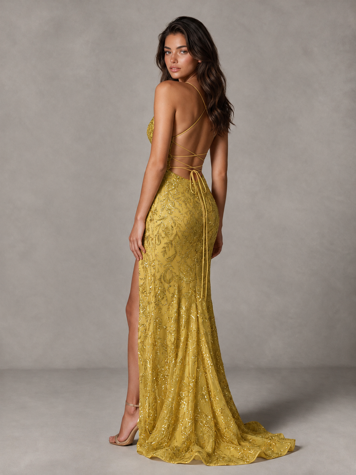 BOLODOO Gold Sequin Prom Dress with Lace-Up Back and High Slit - Gold - Gold_2