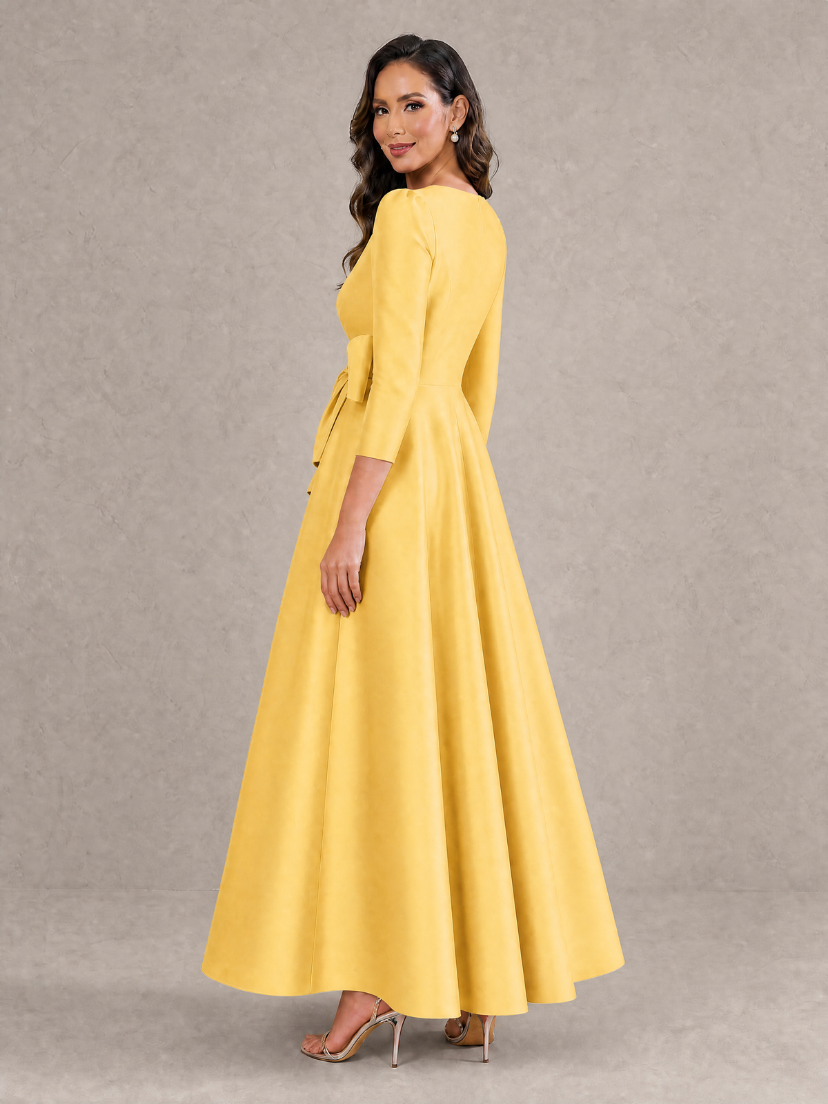 BOLODOO Gold Satin Deep V-Neck Wrap 3/4 Puff Sleeve A-Line Ball Gown Maxi Dress with Oversized Bow Belt - Gold