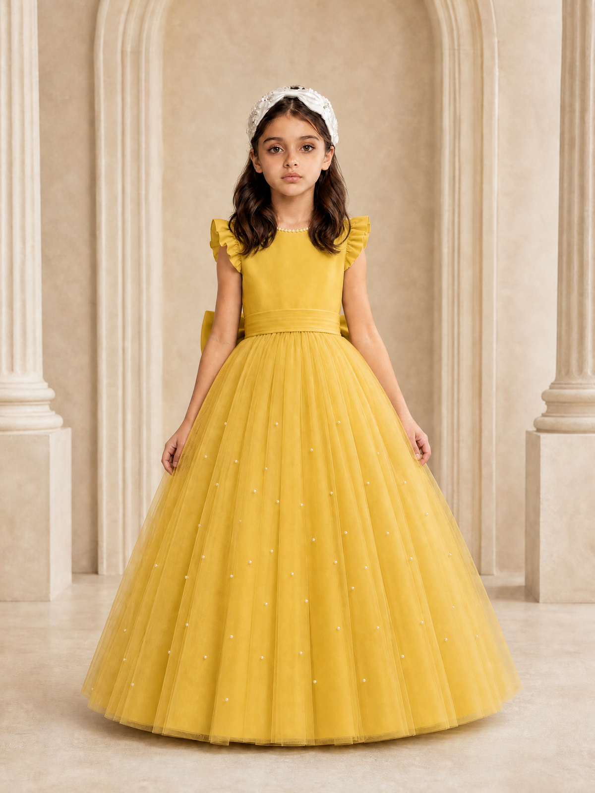 BOLODOO Gold Tulle Flower Girl Dress with Ruffle Sleeves & Bow Back - Gold - Gold_2