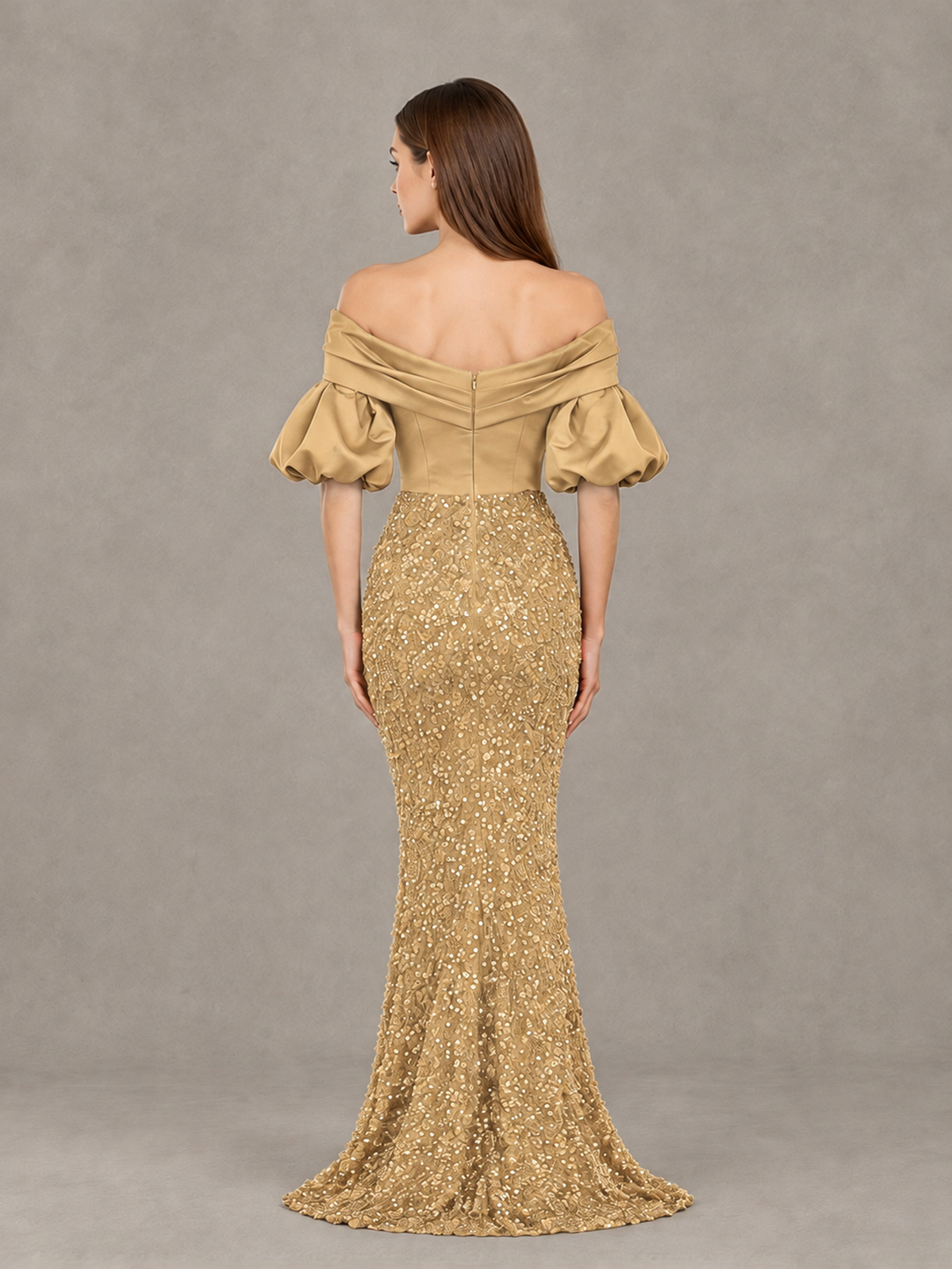 BOLODOO Gold Off-Shoulder Puff Sleeve Sequin Mermaid Evening Dress - Gold - Gold_2