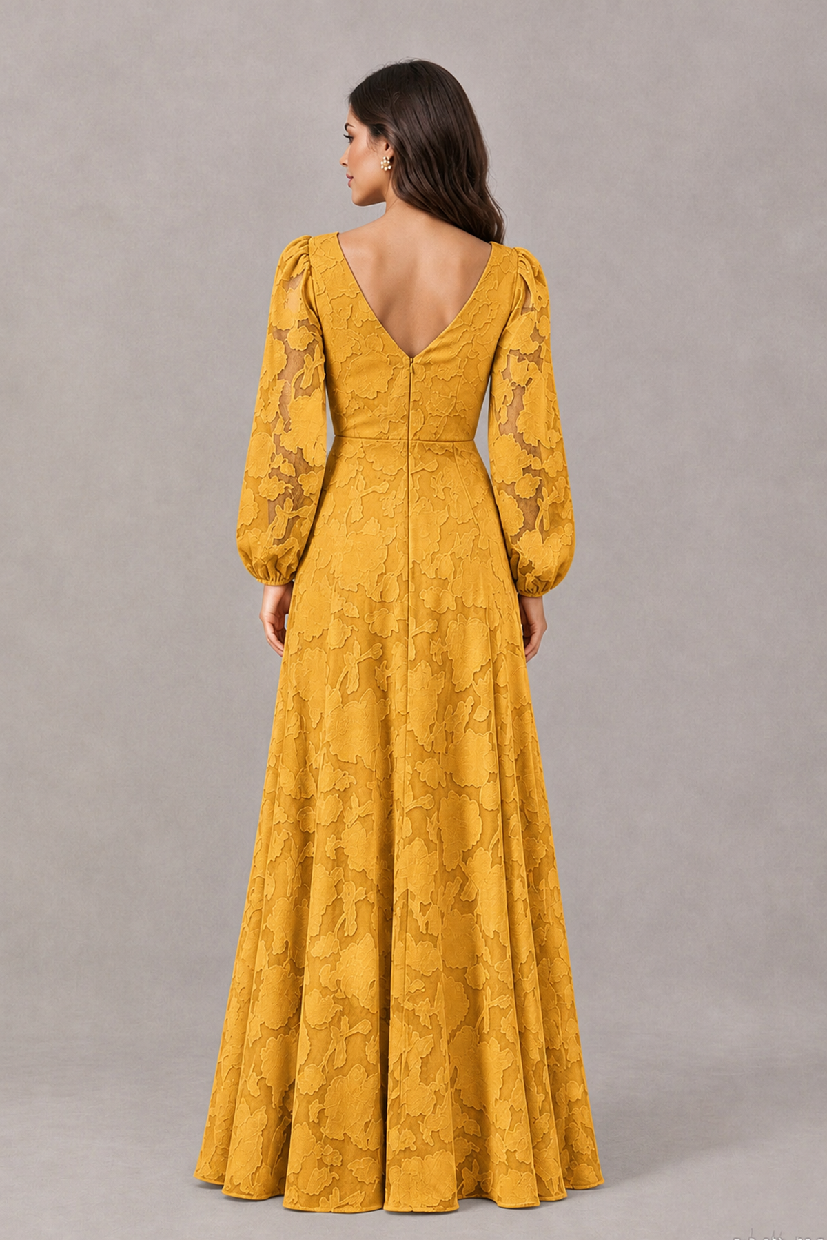 BOLODOO Gold Long Sleeve V-Neck A-Line Mother of the Bride Dress - Gold - Gold_2
