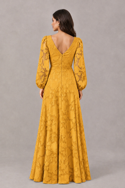 BOLODOO Gold Long Sleeve V-Neck A-Line Mother of the Bride Dress - Gold - Gold_2