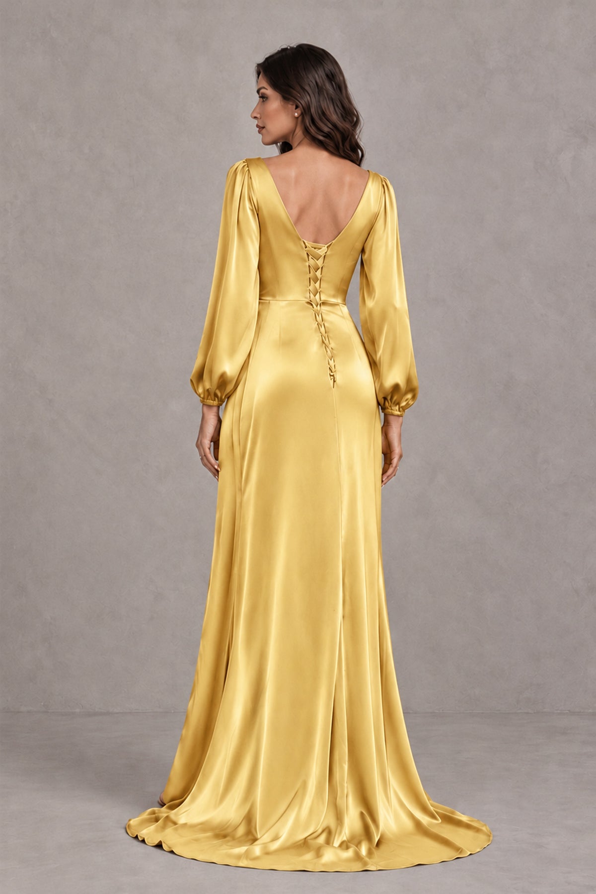 BOLODOO Gold Satin-Look Long Sleeve Evening Dress with High Slit - Gold - Gold_2