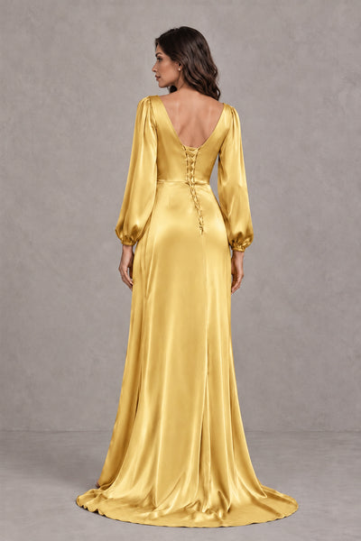 BOLODOO Gold Satin-Look Long Sleeve Evening Dress with High Slit - Gold - Gold_2