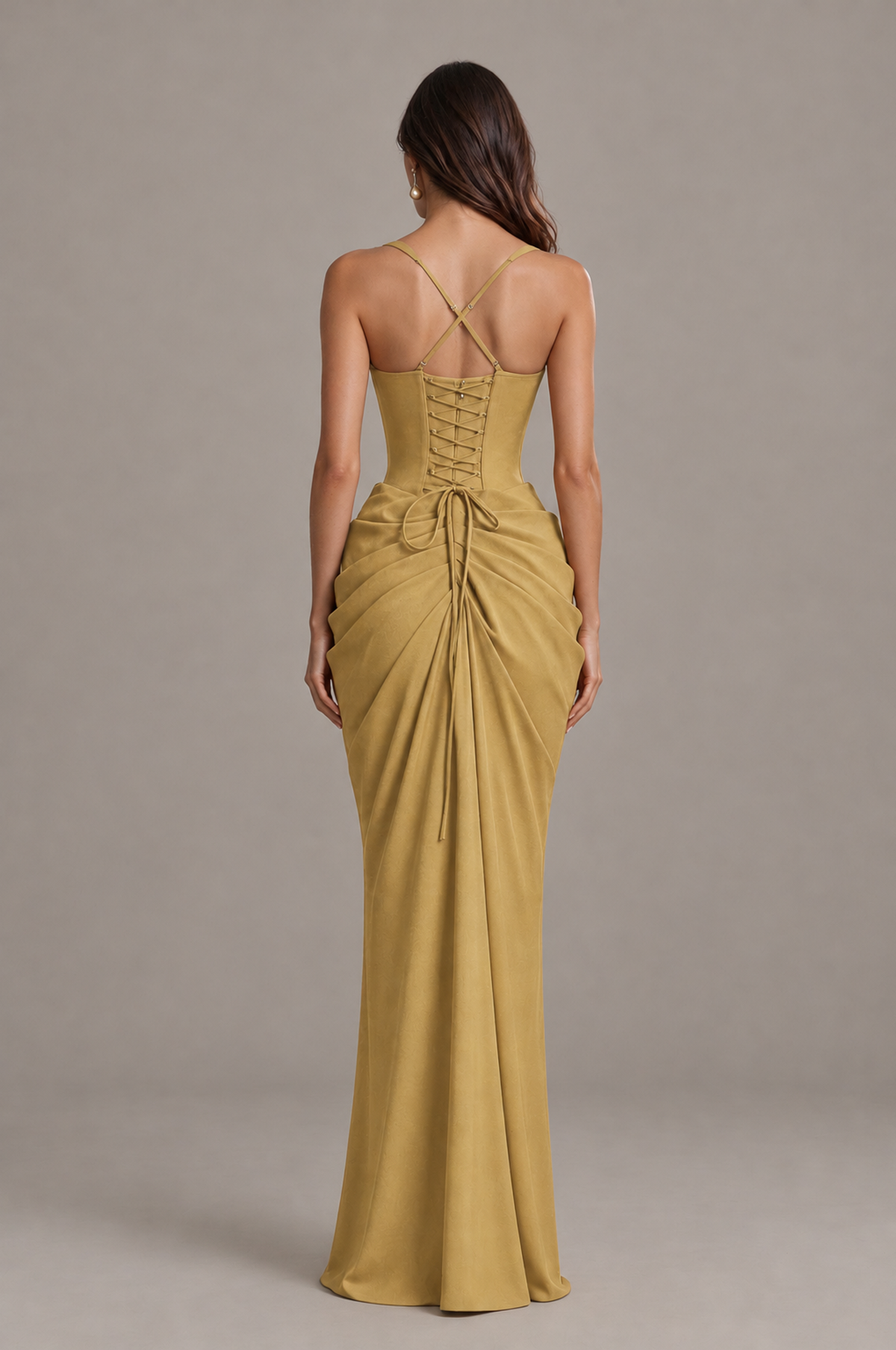 BOLODOO Gold Sweetheart Ruched Lace-Up Back Evening Gown - Gold - Gold_2