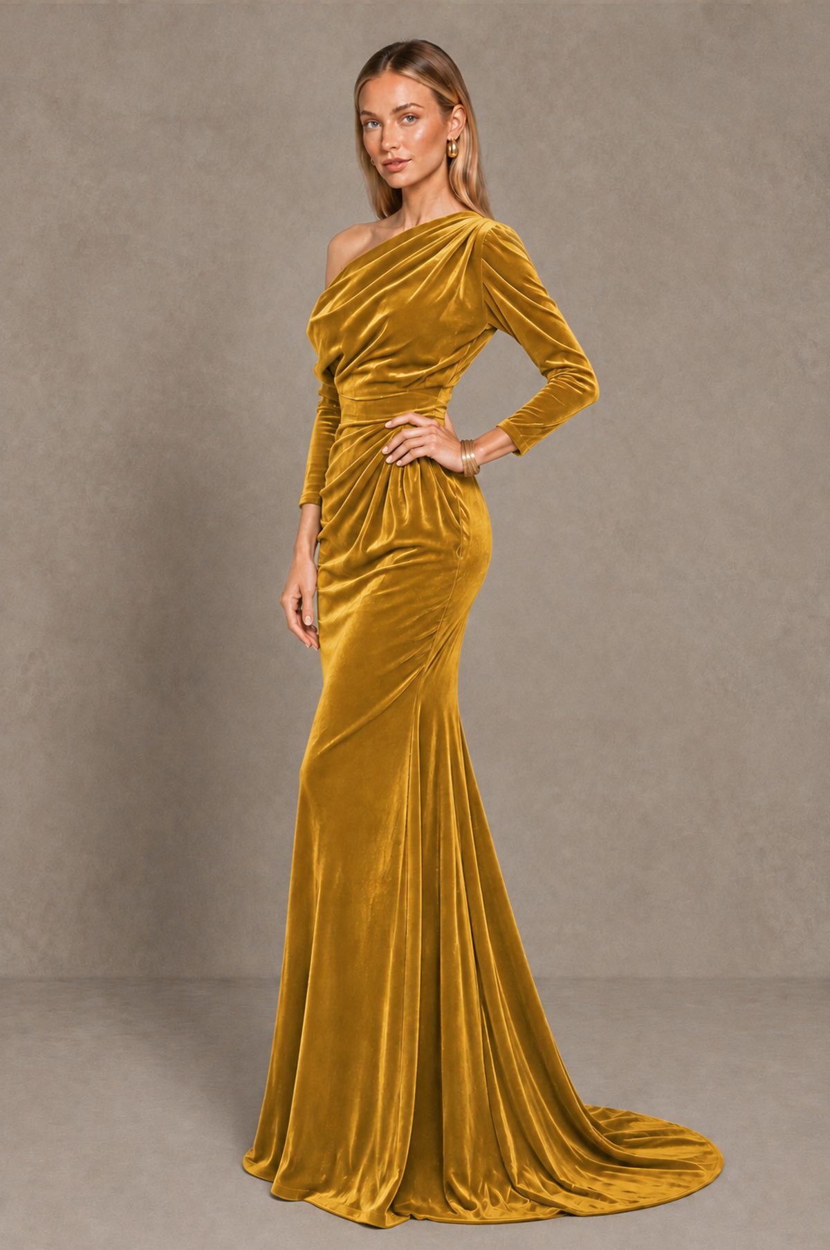 BOLODOO Gold Velvet Asymmetric Neck Mermaid Evening Dress - Gold - Gold_2