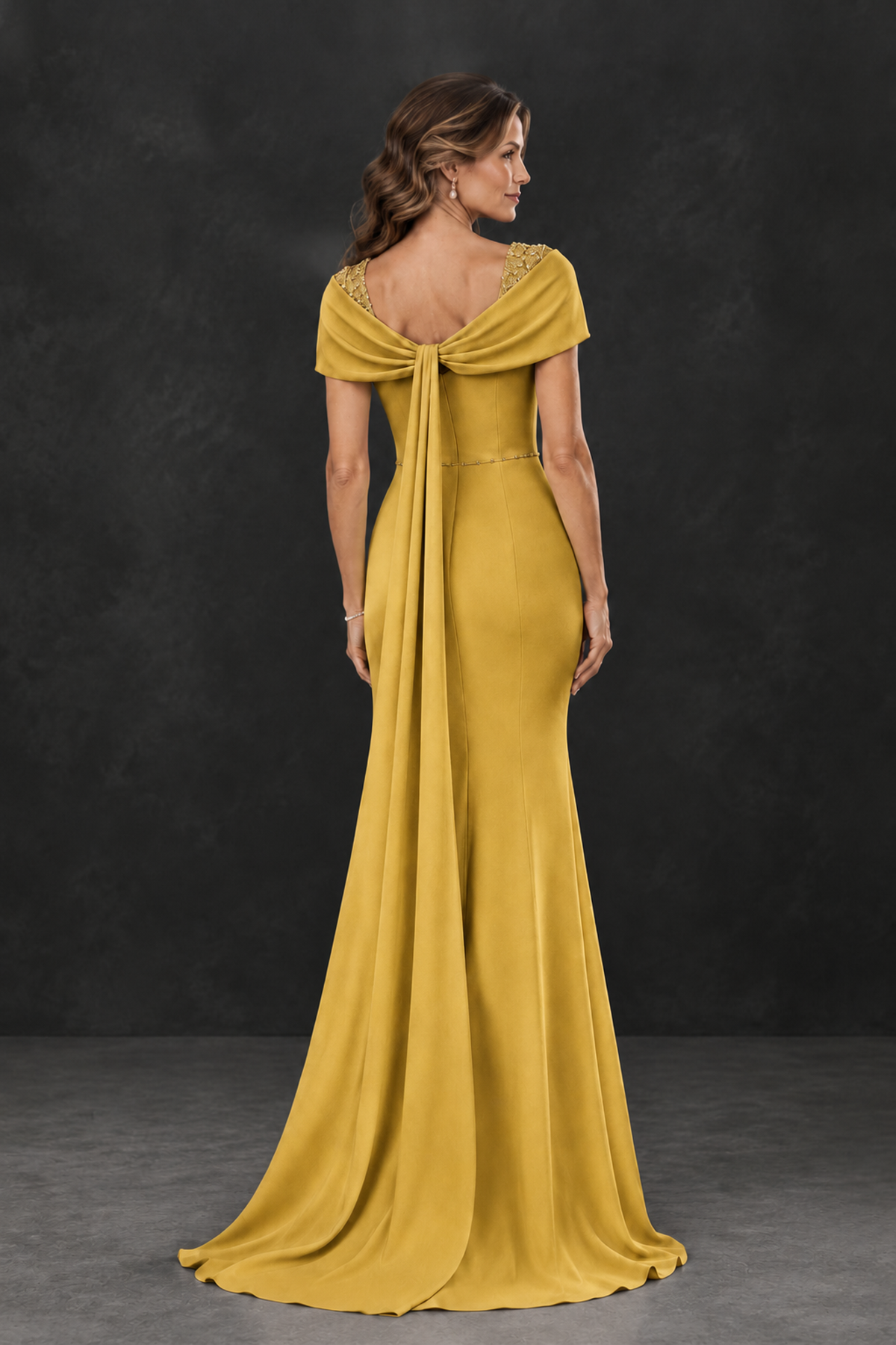 BOLODOO Gold Mother of the Bride Dress with Draped Cape Detail - Gold - Gold_2