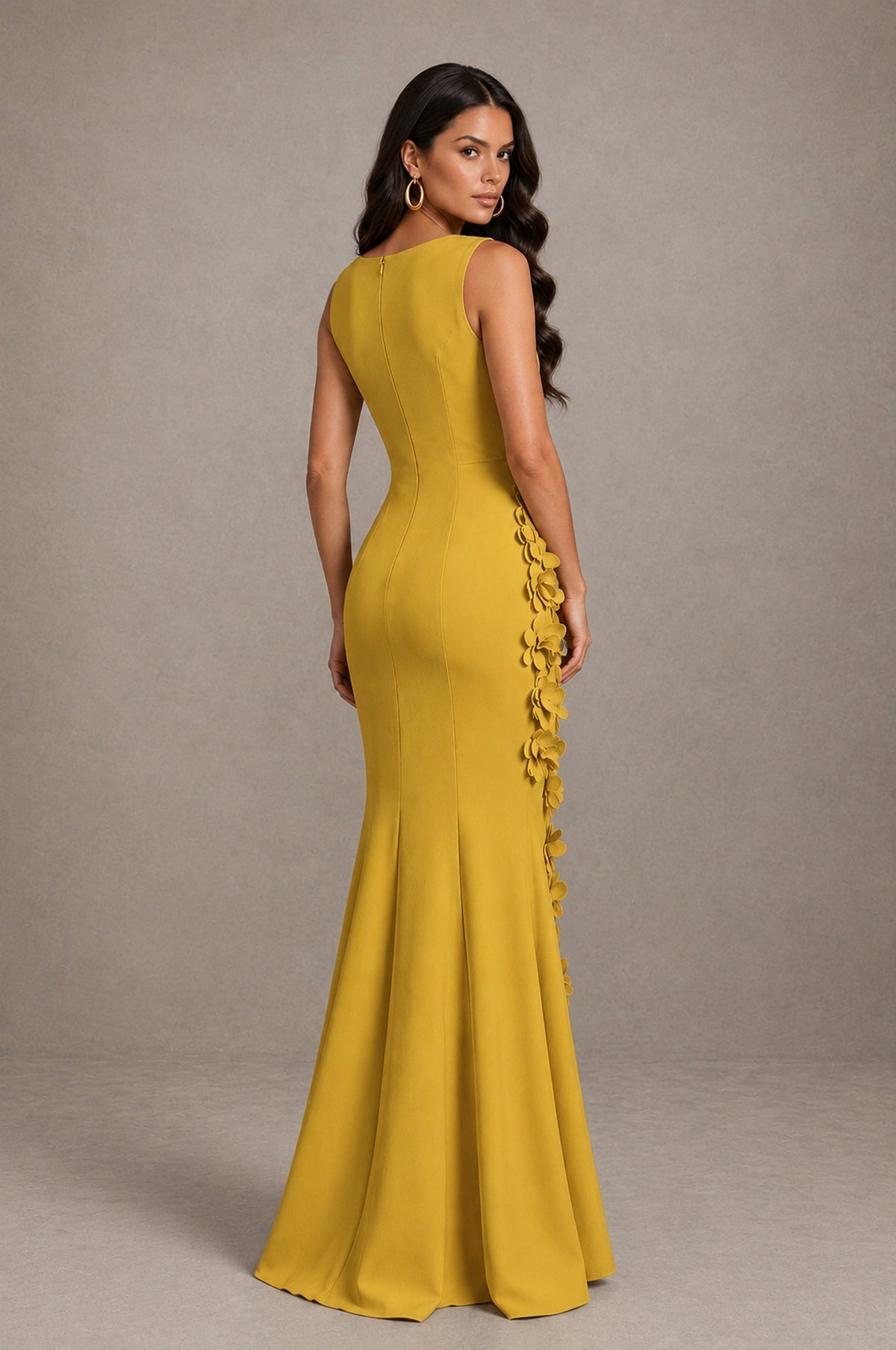 BOLODOO Gold Bateau Neck Sleeveless Asymmetric Peplum 3D Petal Appliqué Mermaid Gown BD0421 - Gold - Gold_2