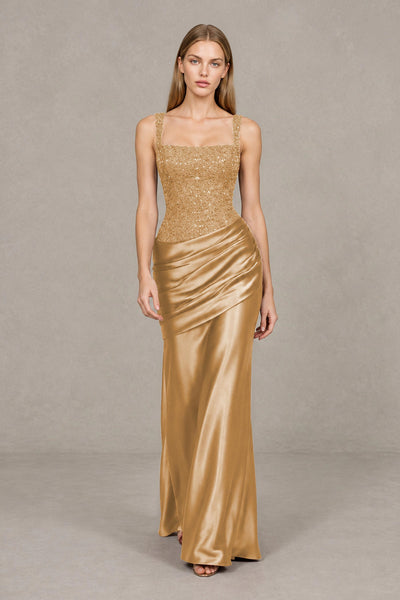 BOLODOO Gold Square Neck Embellished Satin Evening Gown - Gold
