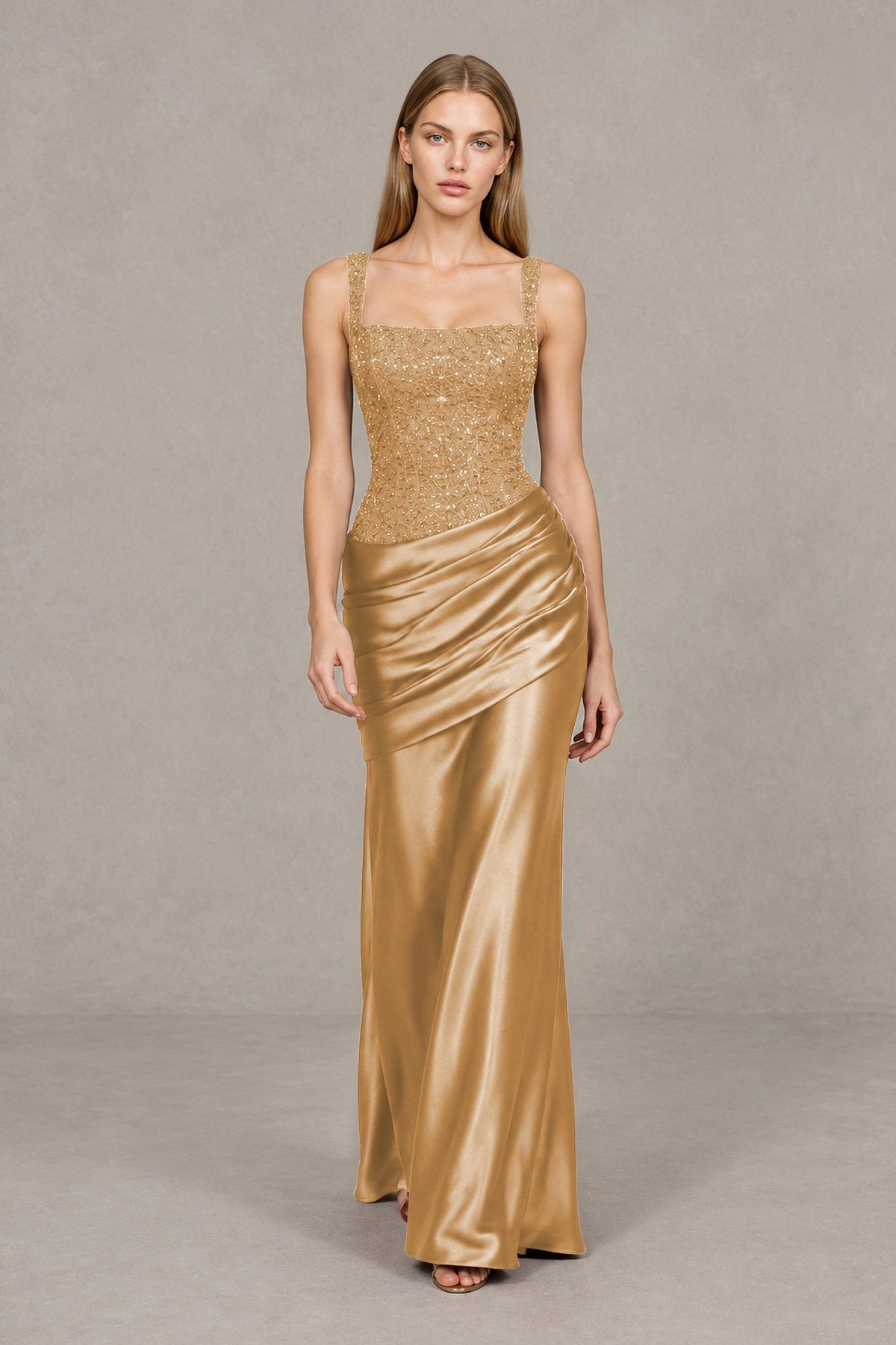 BOLODOO Gold Square Neck Embellished Satin Evening Gown - Gold