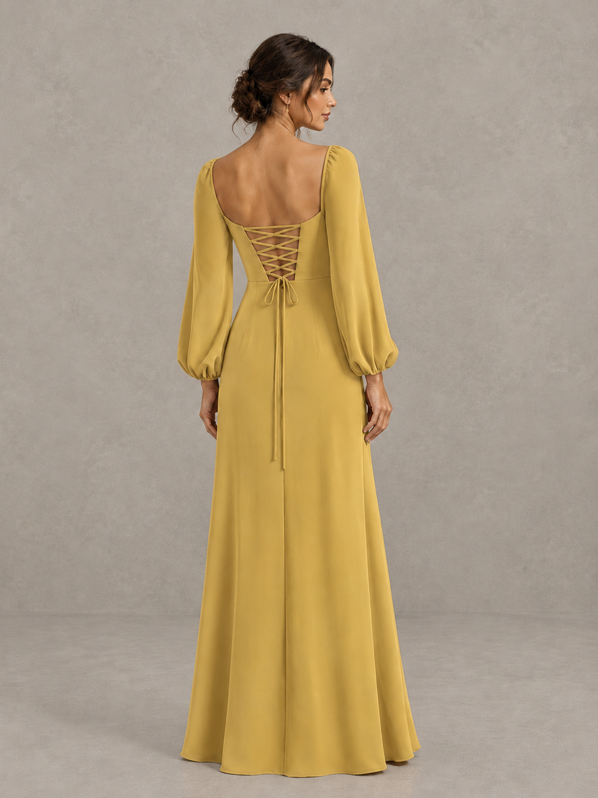 BOLODOO Gold Square Neck Long Sleeve Bridesmaid Dress with High Slit - Gold - Gold_2