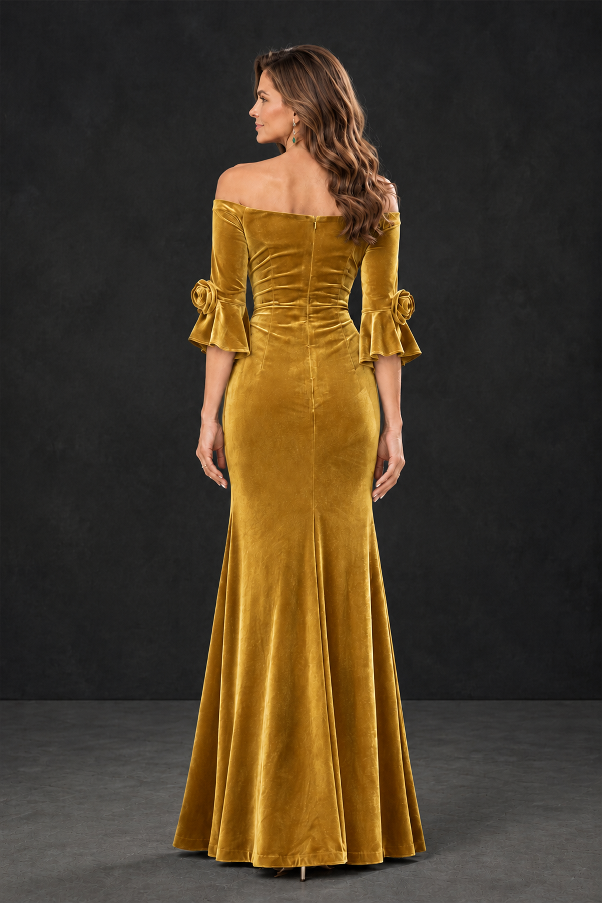 BOLODOO Gold Velvet Mother of the Bride Dress with Rosette Sleeves - Gold - Gold_2