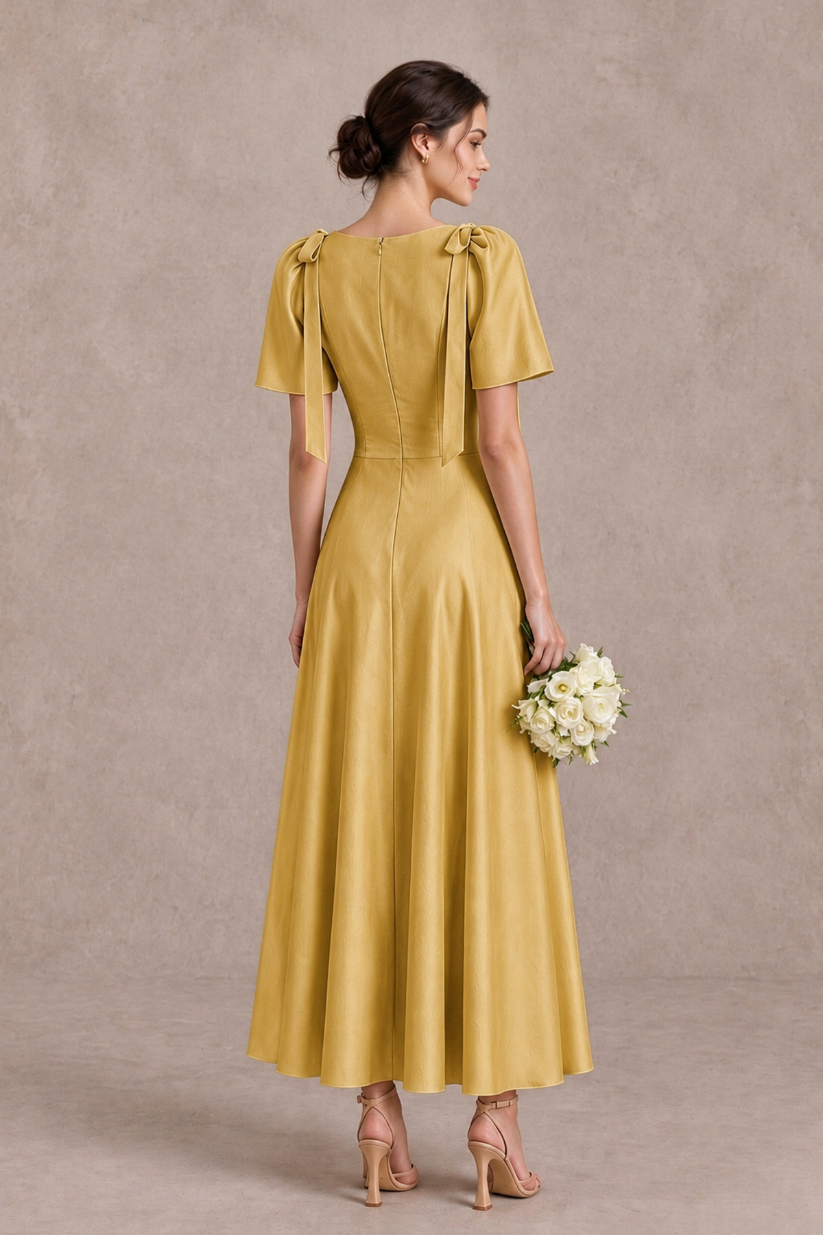 BOLODOO Gold V-Neck Short Sleeve Satin-Look Bridesmaid Dress with Shoulder Bows - Gold - Gold_2