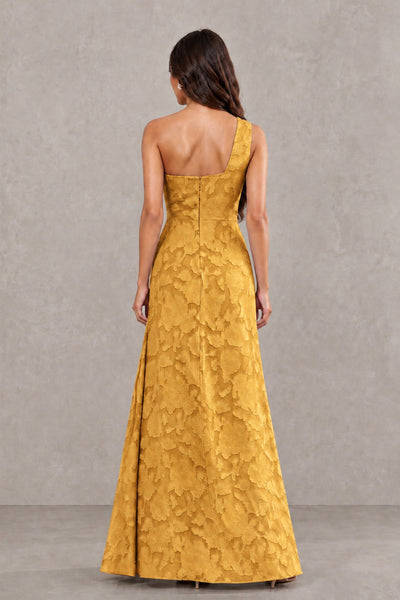 BOLODOO Gold One-Shoulder Floral Textured Maxi Dress with High Slit - Gold - Gold_2