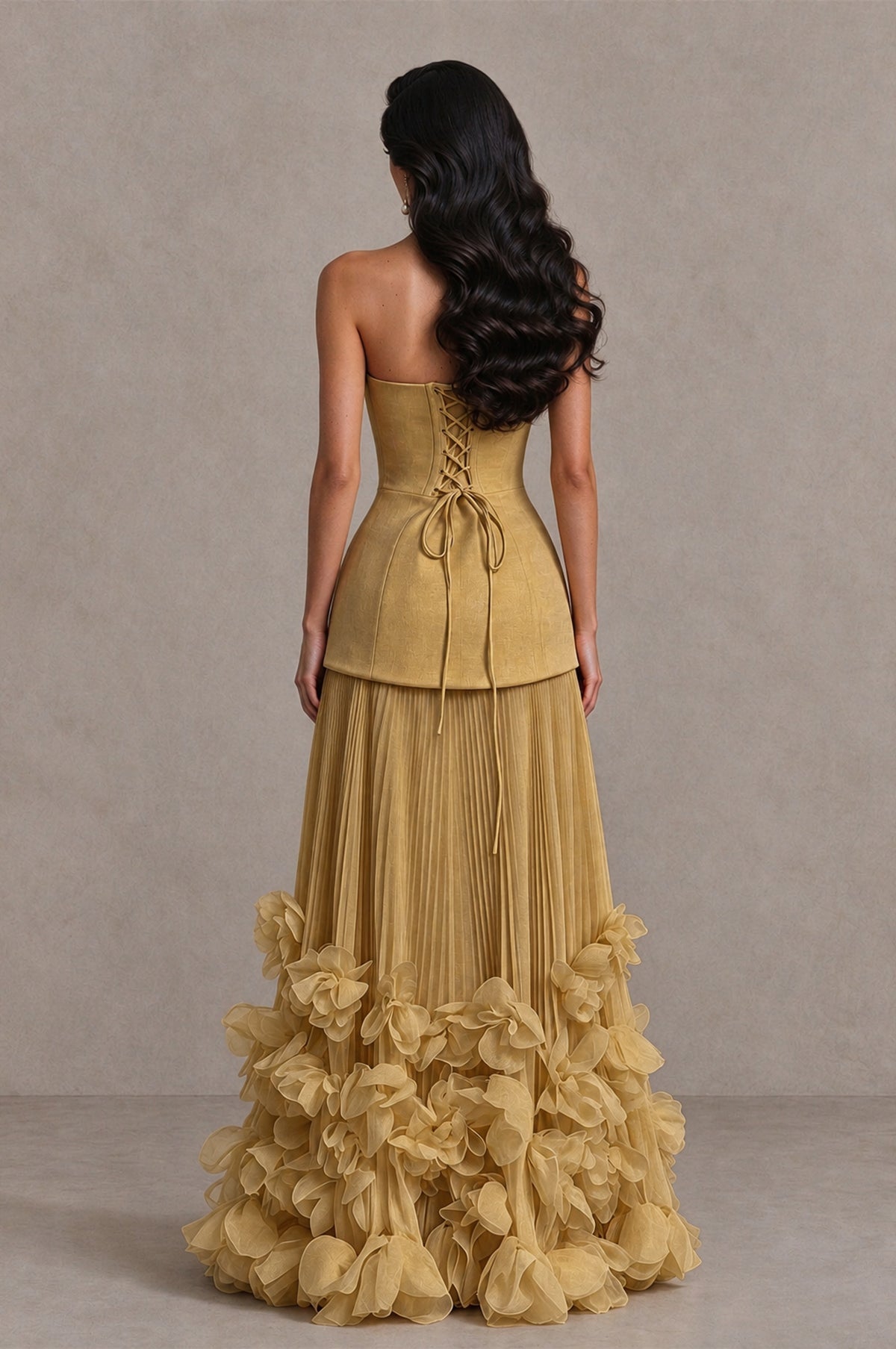 BOLODOO Gold Strapless Pleated Floral Hem Evening Gown - Gold - Gold_2