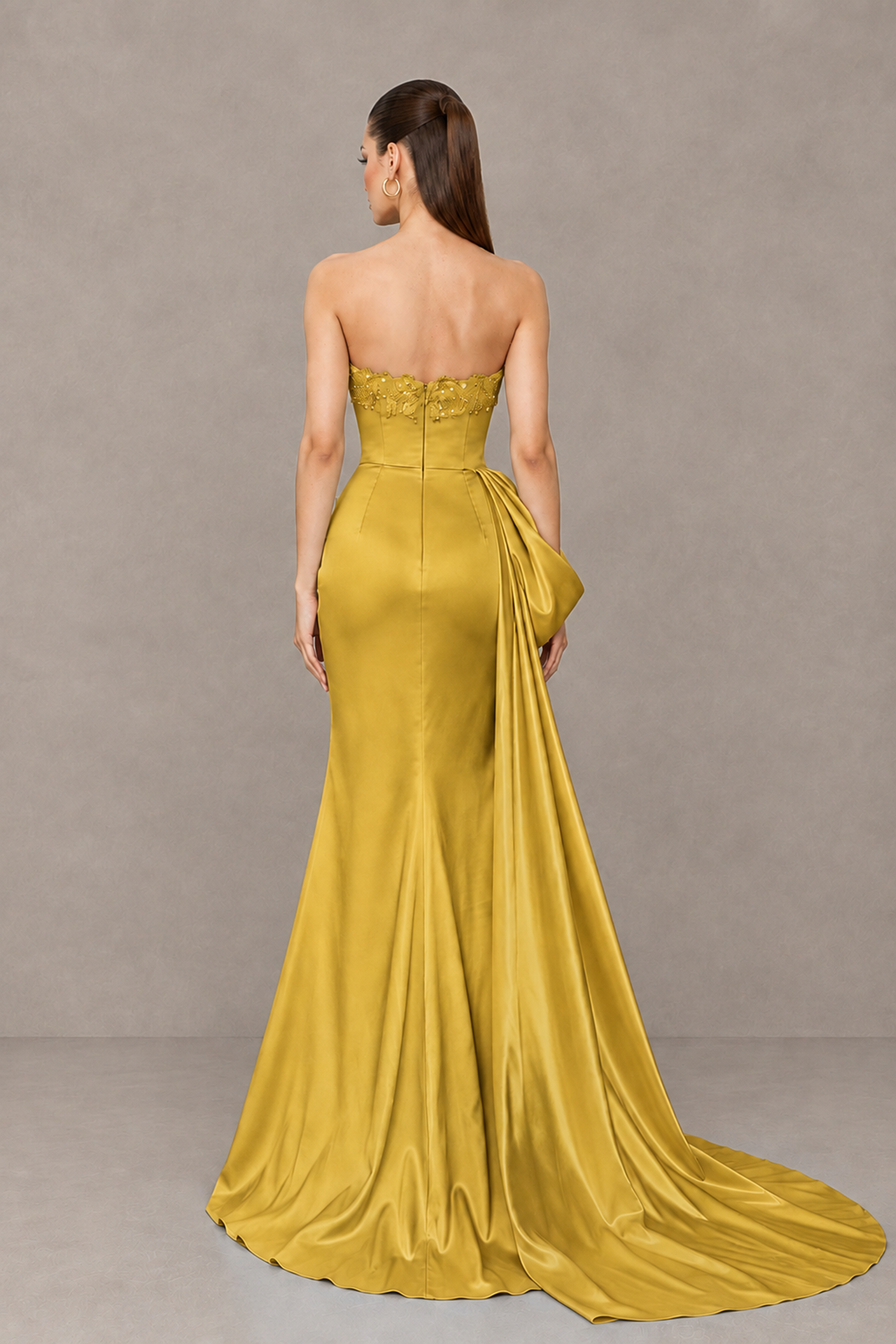 BOLODOO Gold Strapless Satin Prom Dress with Draped Side Train - Gold - Gold_2