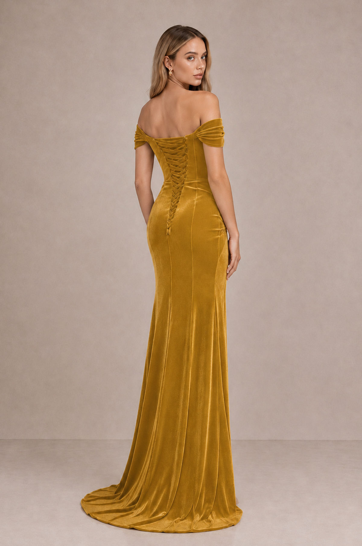 BOLODOO Gold Velvet Off-Shoulder Ruched High Slit Evening Dress - Gold - Gold_2