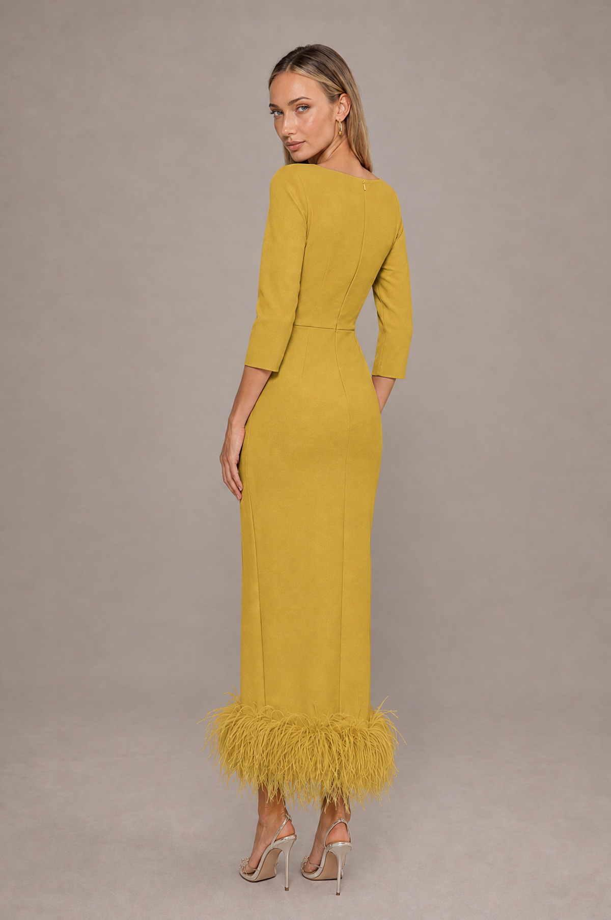 BOLODOO Gold Feather-Trim Twist-Waist Midi Dress - Gold - Gold_2