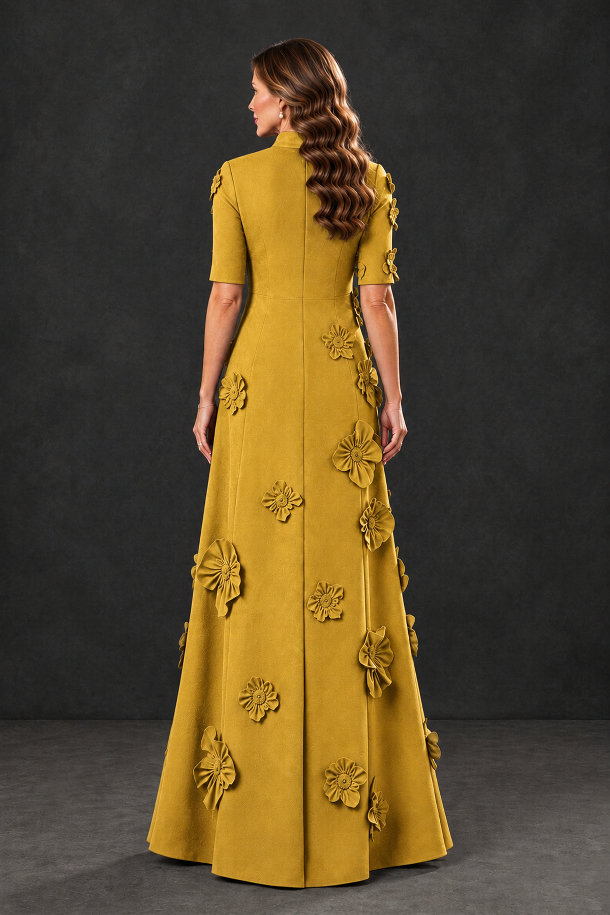 BOLODOO Gold Floral Applique High-Neck Half-Sleeve Gown - Gold - Gold_2