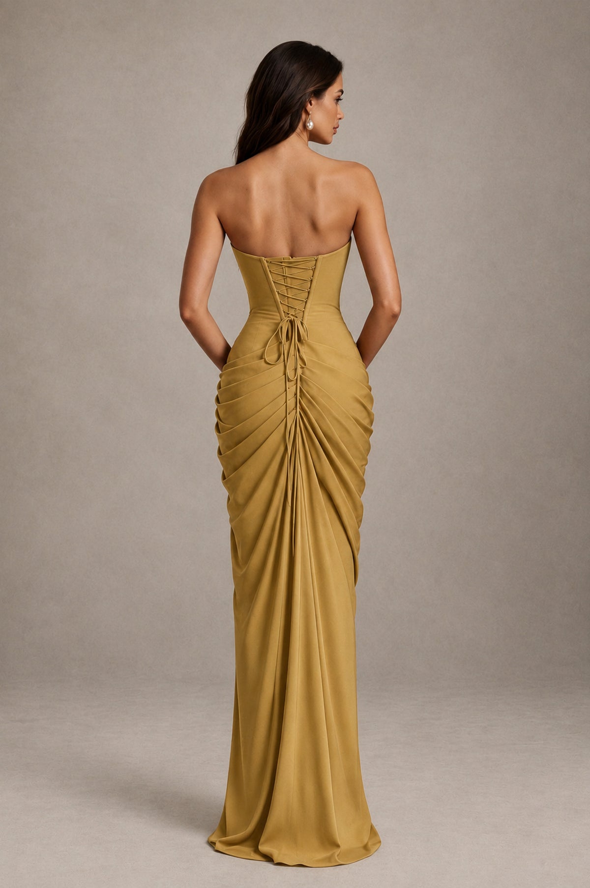 BOLODOO Strapless Draped Maxi Dress - Gold Backless Evening Gown with High Slit - Gold - Gold_2